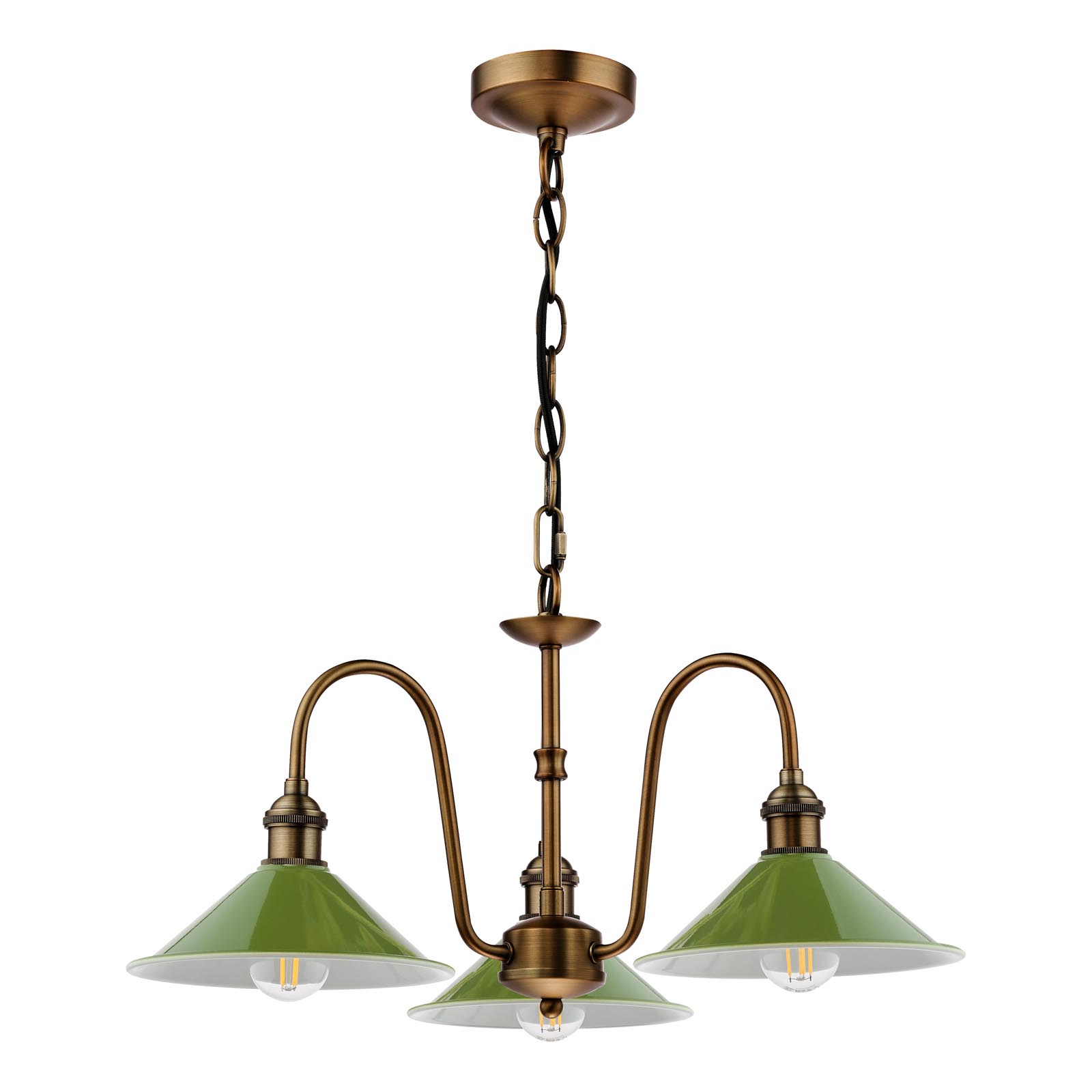 Hadano 3 Light Pendant Antique Bronze with Gloss Green Metal Shades 18cm