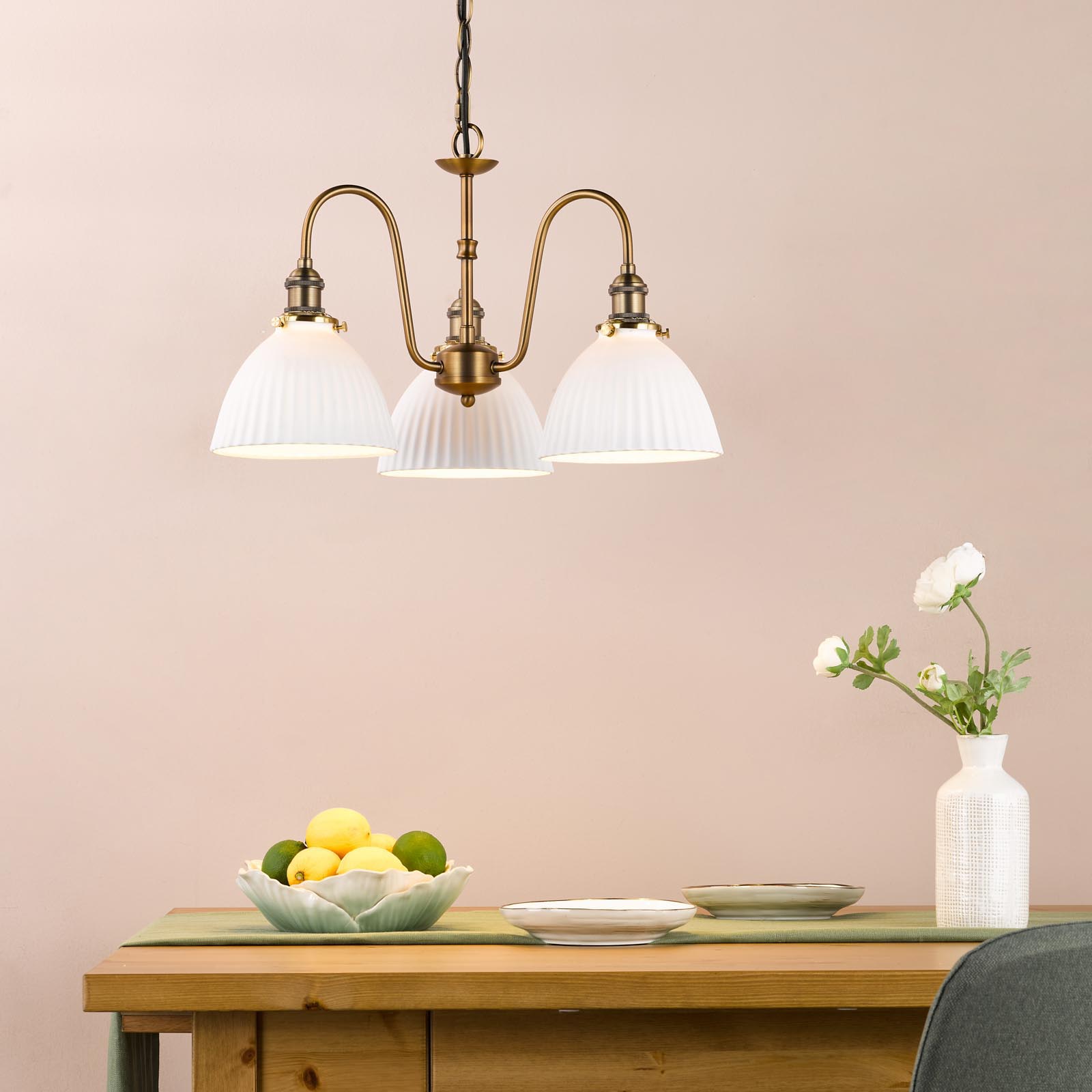 Hadano 3 Light Pendant Antique Bronze with White Domed Ceramic Shades