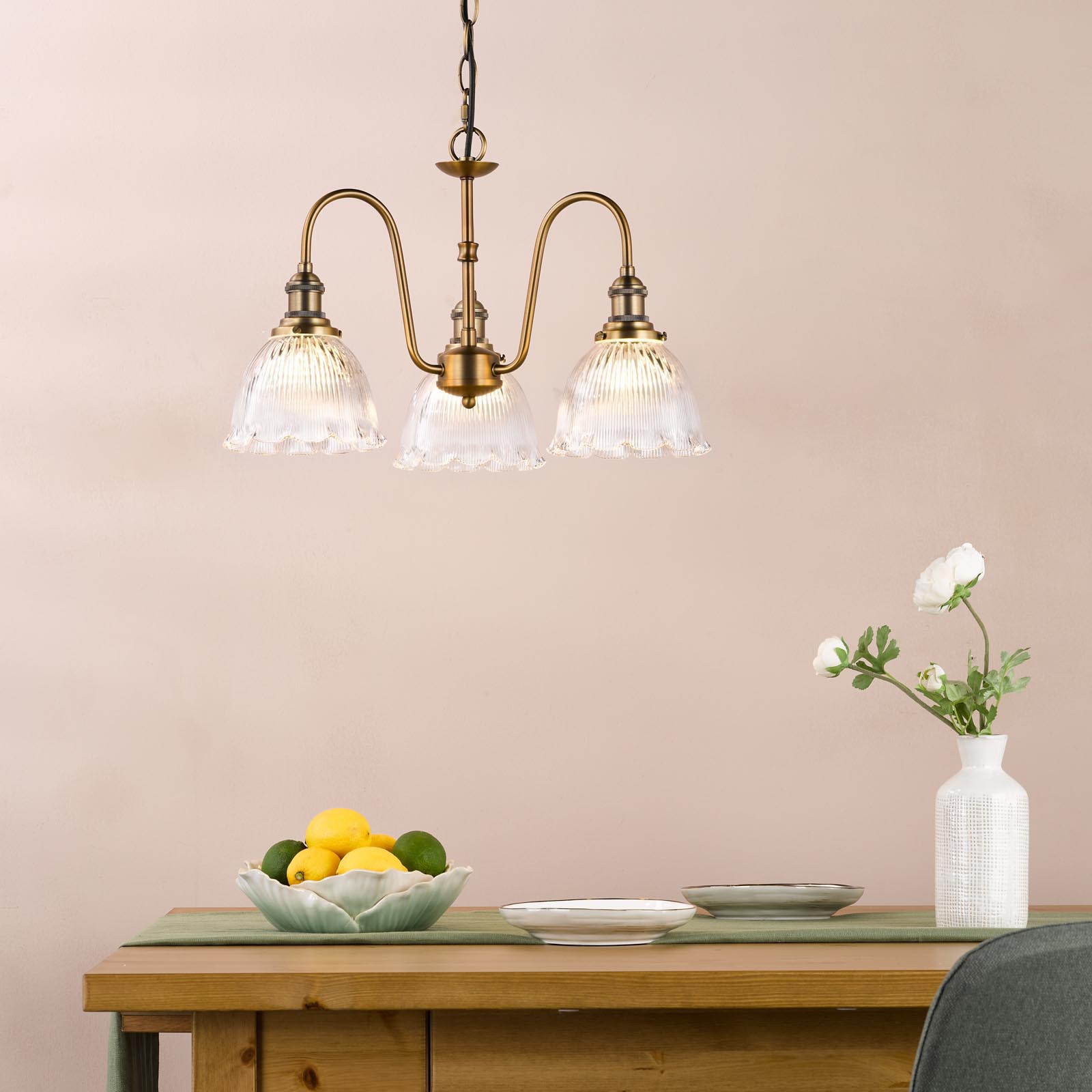 Hadano 3 Light Pendant Antique Bronze with Domed Ribbed Glass Shades