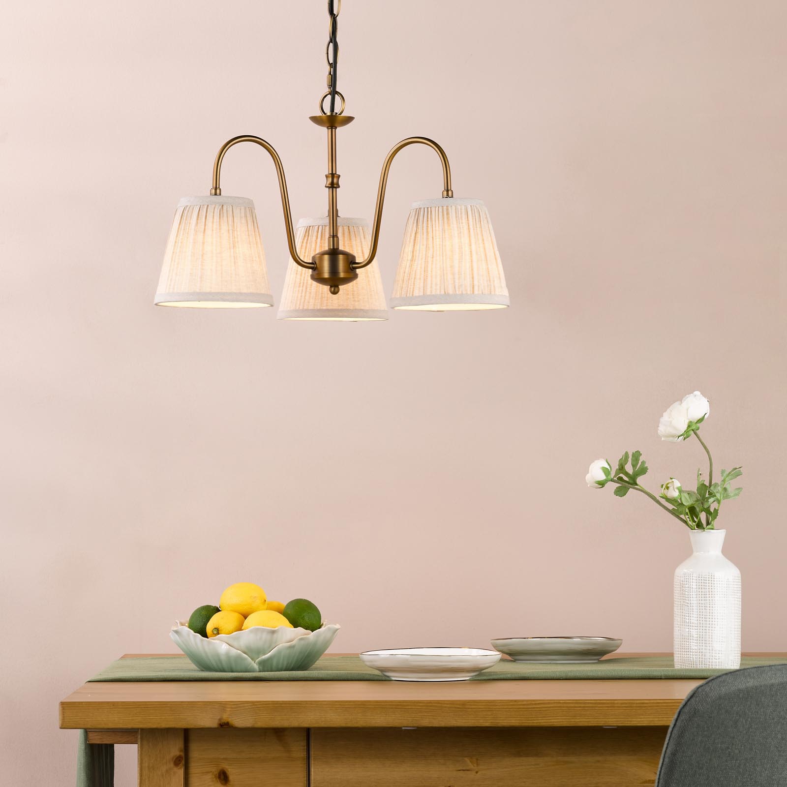 Hadano 3 Light Pendant Antique Bronze with Natural Linen Pleated Shades