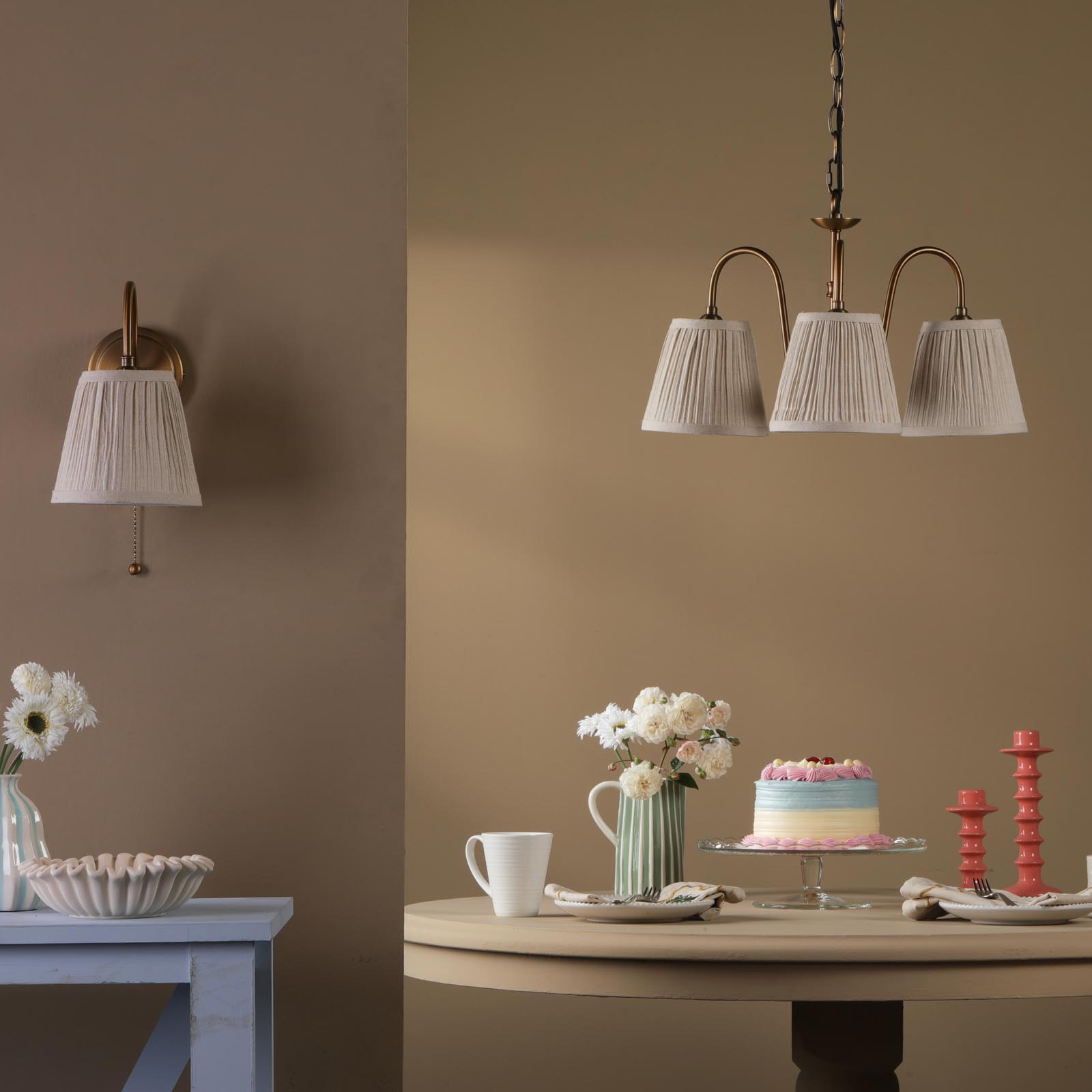 Hadano Wall Light Antique Bronze with Natural Linen Pleated Shade
