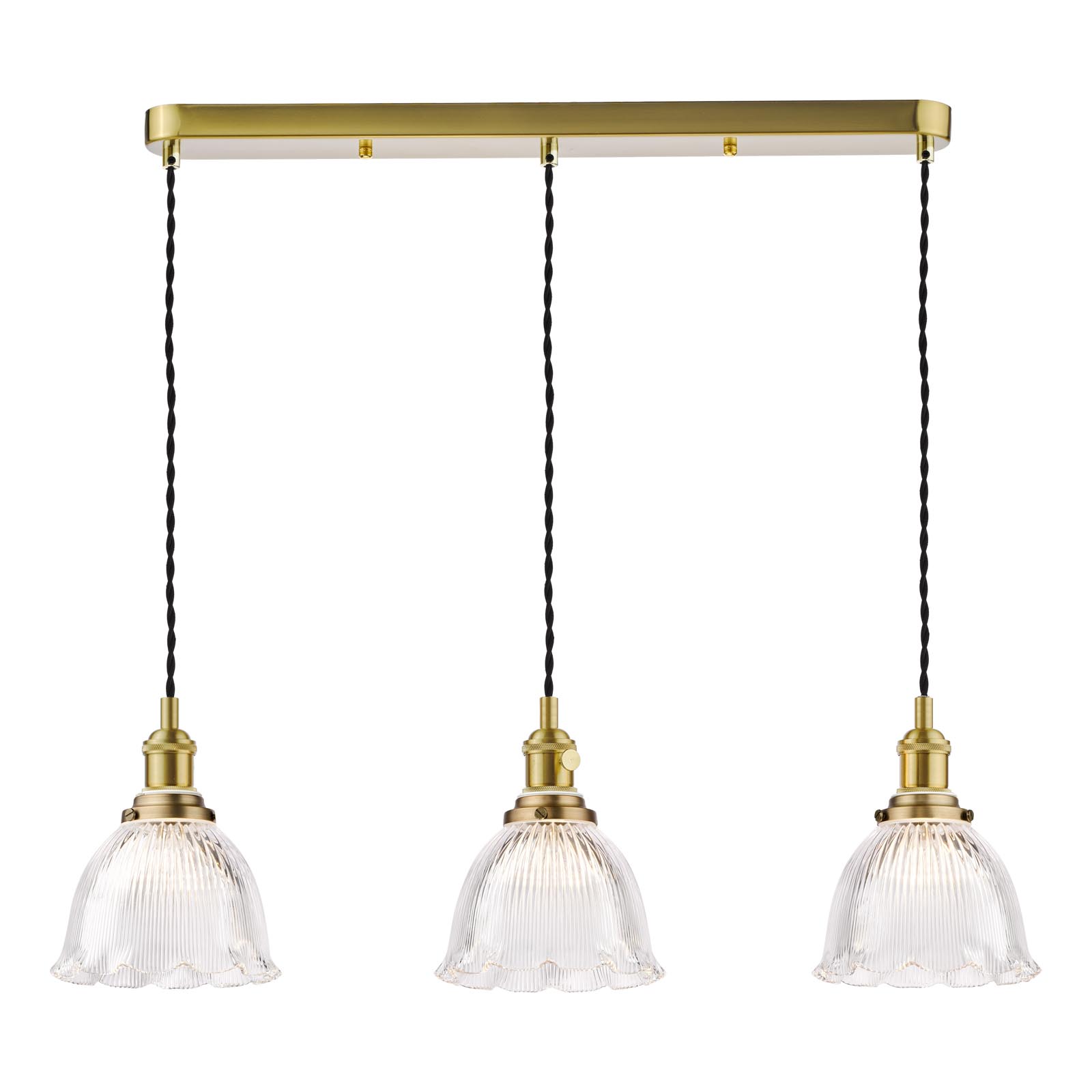 Hadano 3 Light Bar Pendant Natural Brass with Domed Ribbed Glass Shade