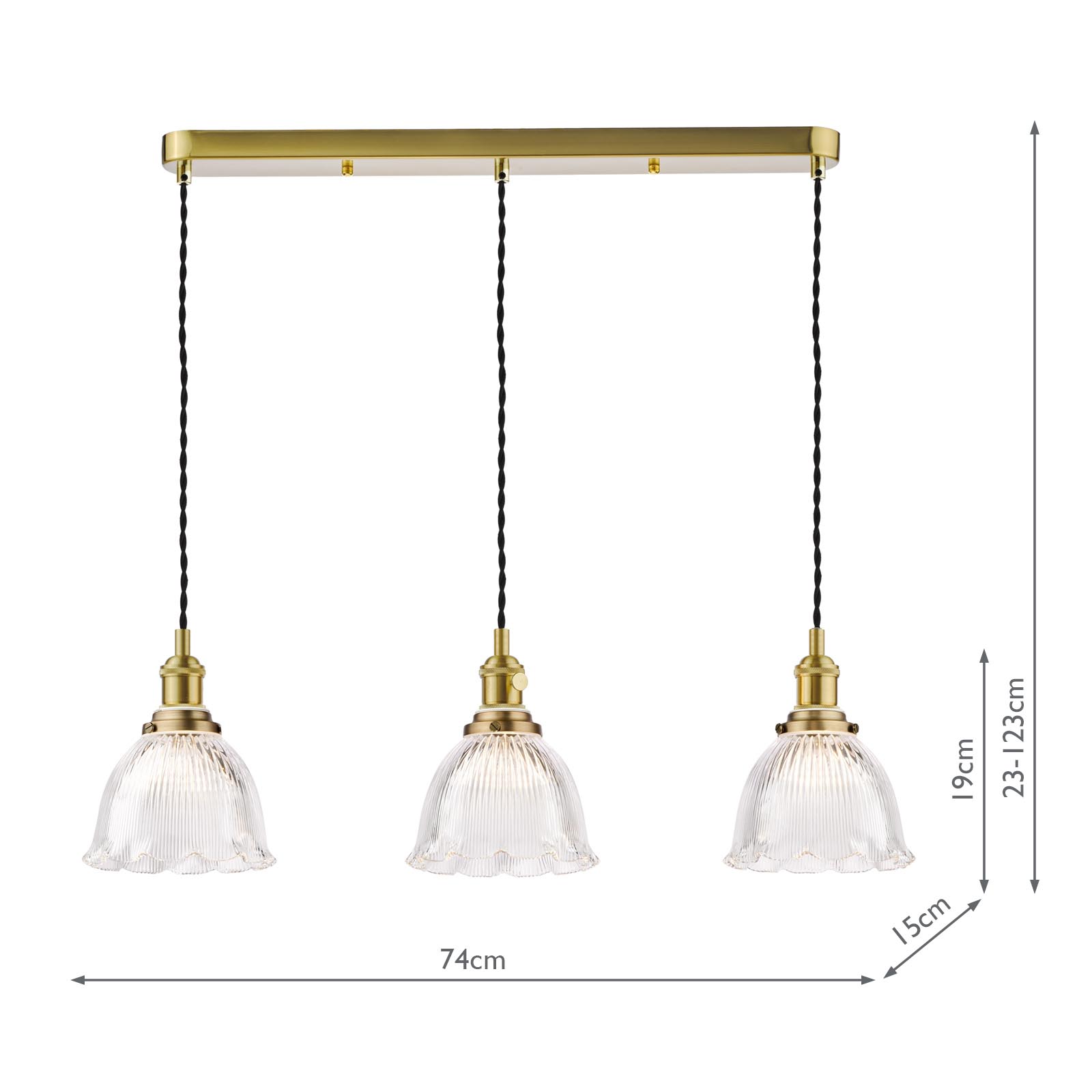 Hadano 3 Light Bar Pendant Natural Brass with Domed Ribbed Glass Shade