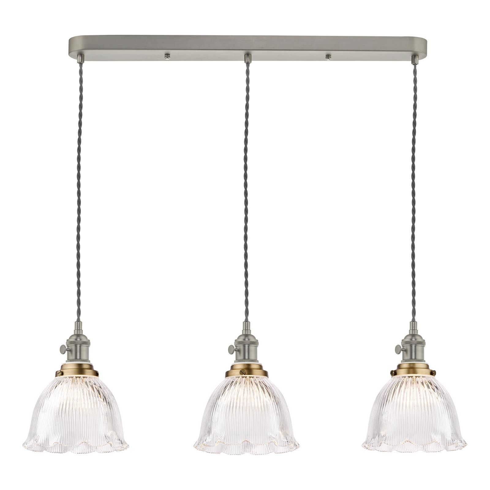 Hadano 3 Light Bar Pendant Antique Chrome with Domed Ribbed Glass Shades