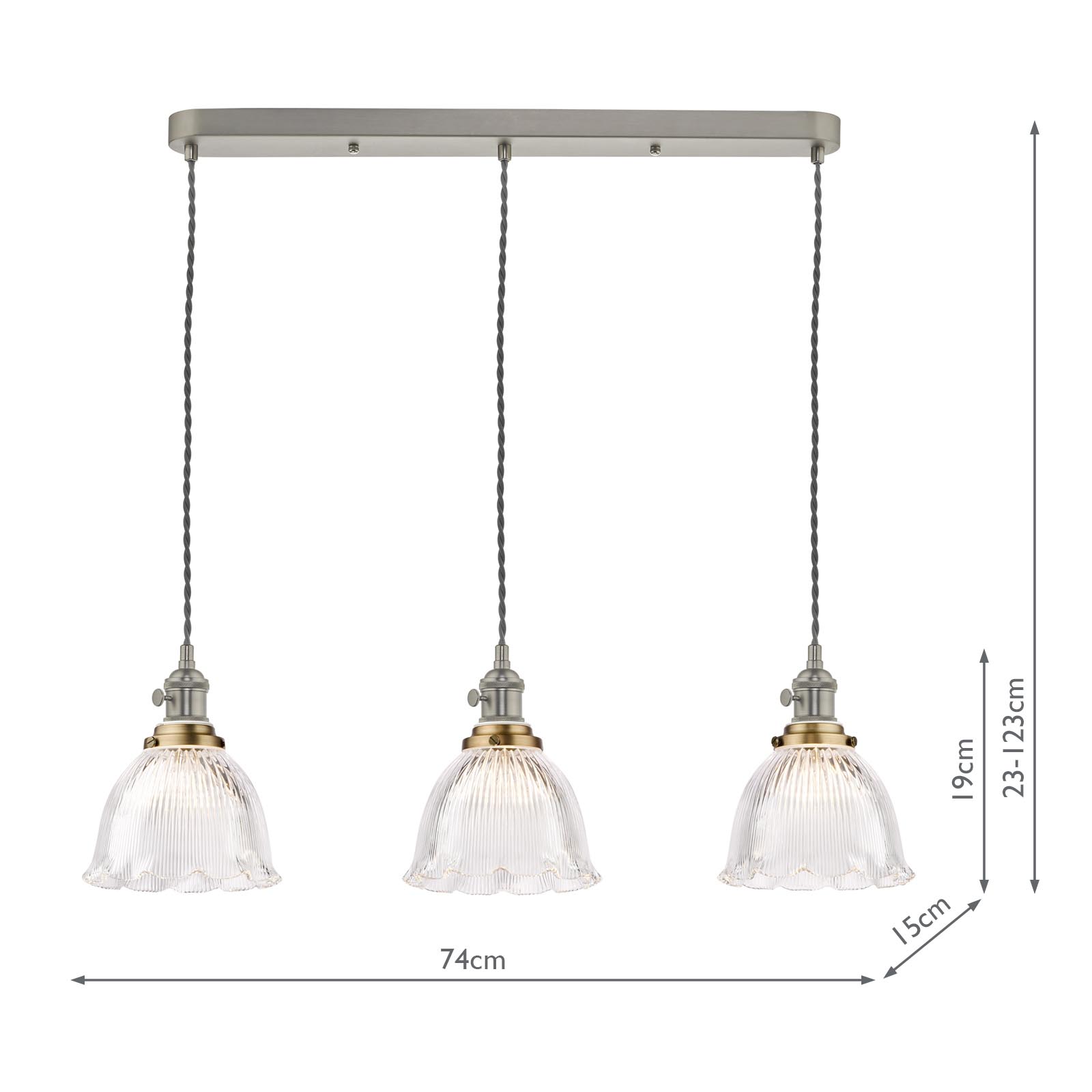 Hadano 3 Light Bar Pendant Antique Chrome with Domed Ribbed Glass Shades