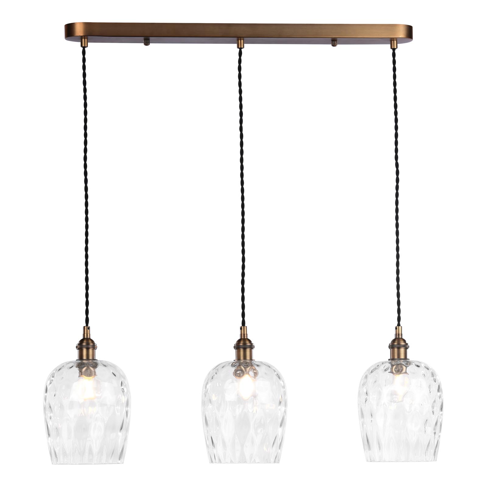 Hadano 3 Light Bar Pendant Antique Bronze with Clear Dimpled Glass Shades