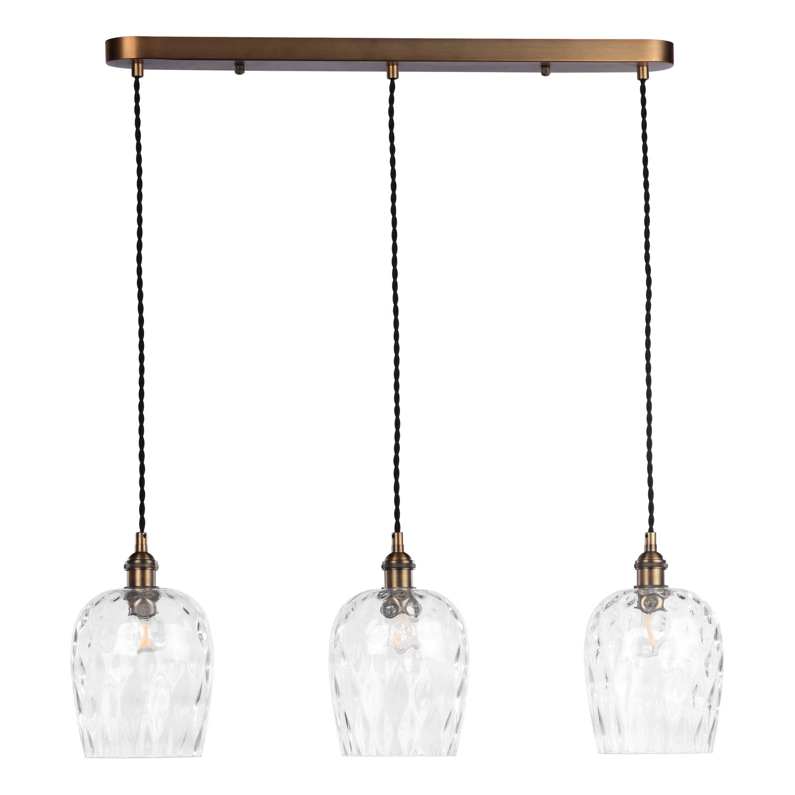 Hadano 3 Light Bar Pendant Antique Bronze with Clear Dimpled Glass Shades