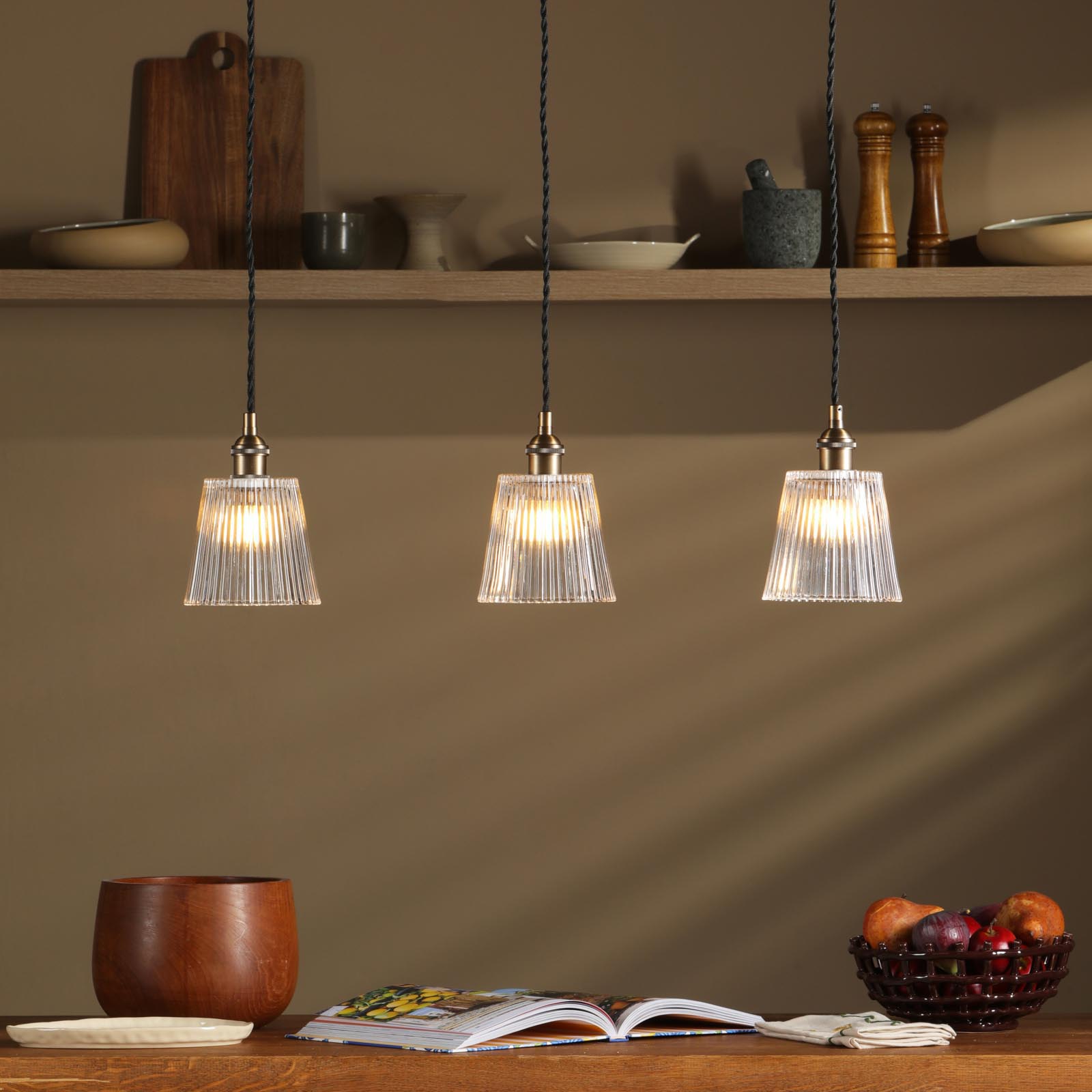 Hadano 3 Light Bar Pendant Antique Bronze with Clear Ribbed Glass Shades