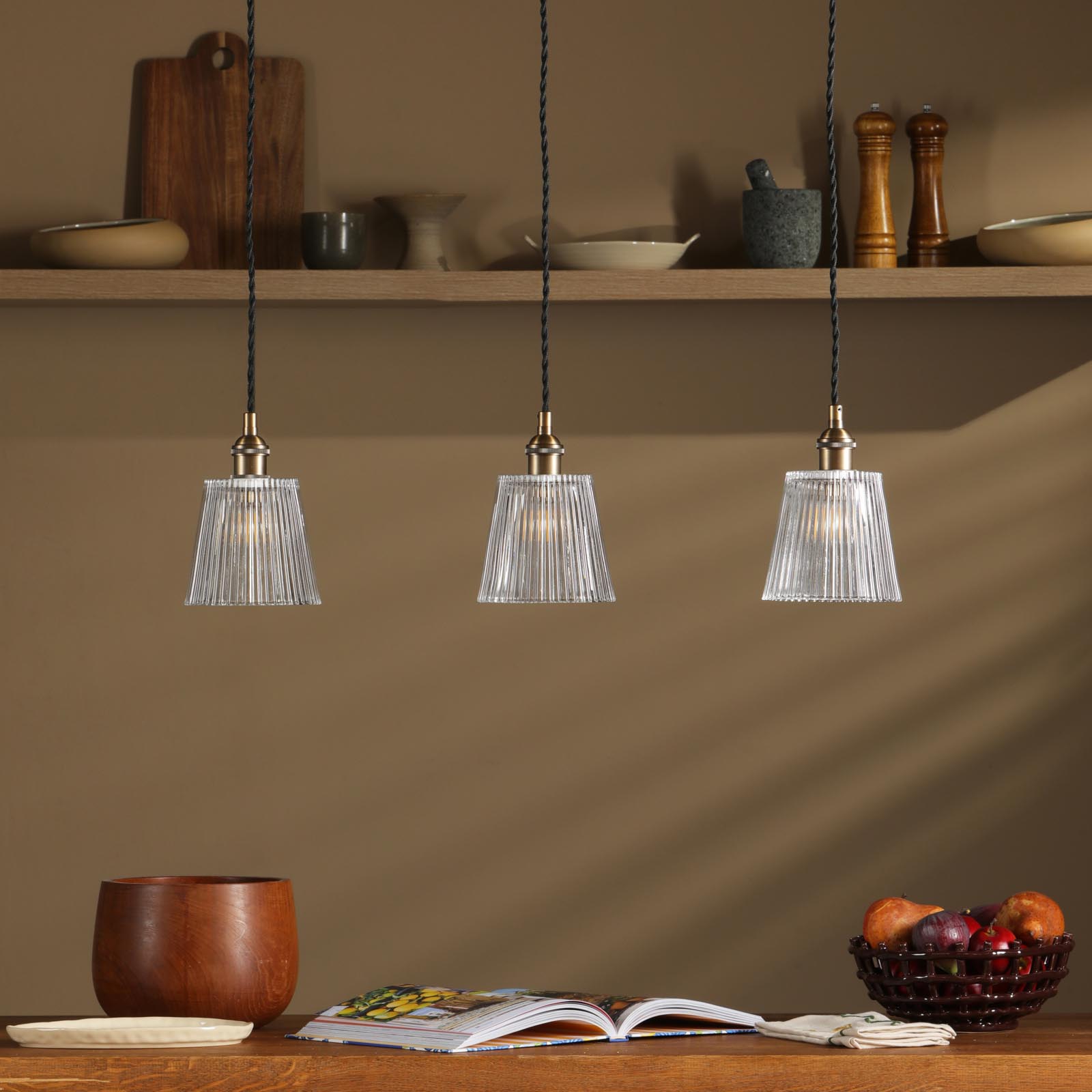 Hadano 3 Light Bar Pendant Antique Bronze with Clear Ribbed Glass Shades