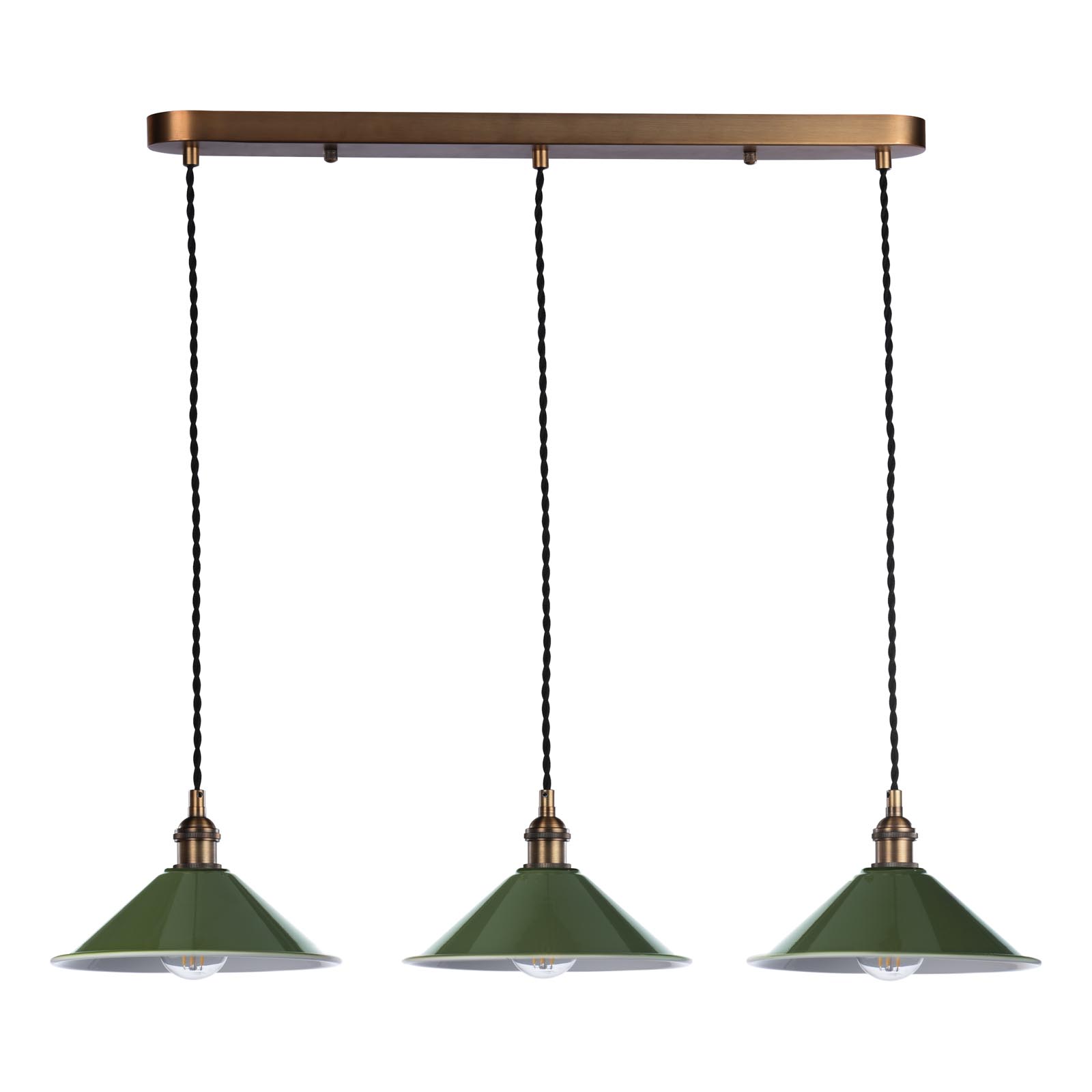 Hadano 3 Light Bar Pendant Antique Bronze with Gloss Green Metal Shades 18cm