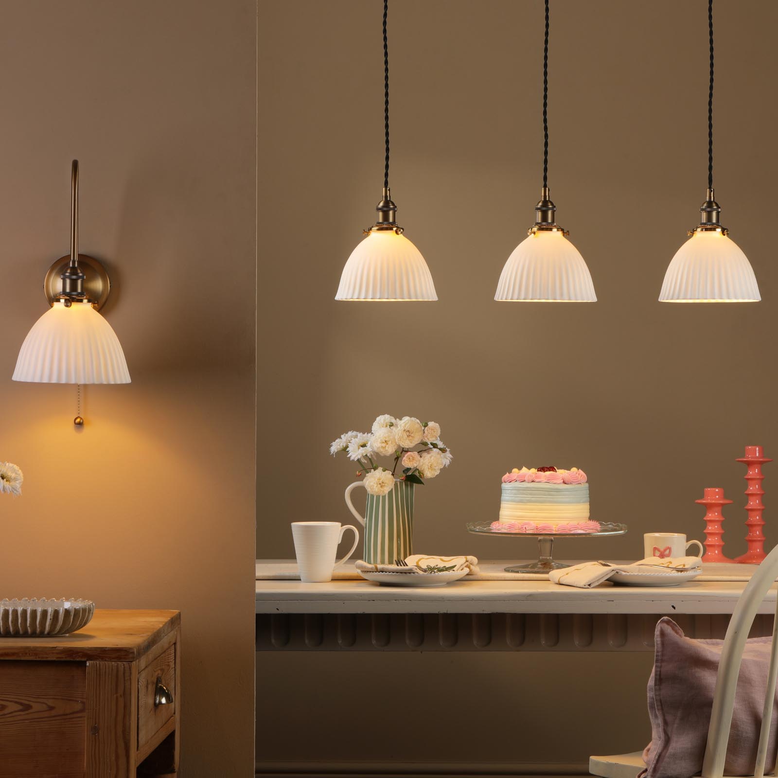 Hadano 3 Light Bar Pendant Antique Bronze with White Domed Ceramic Shades