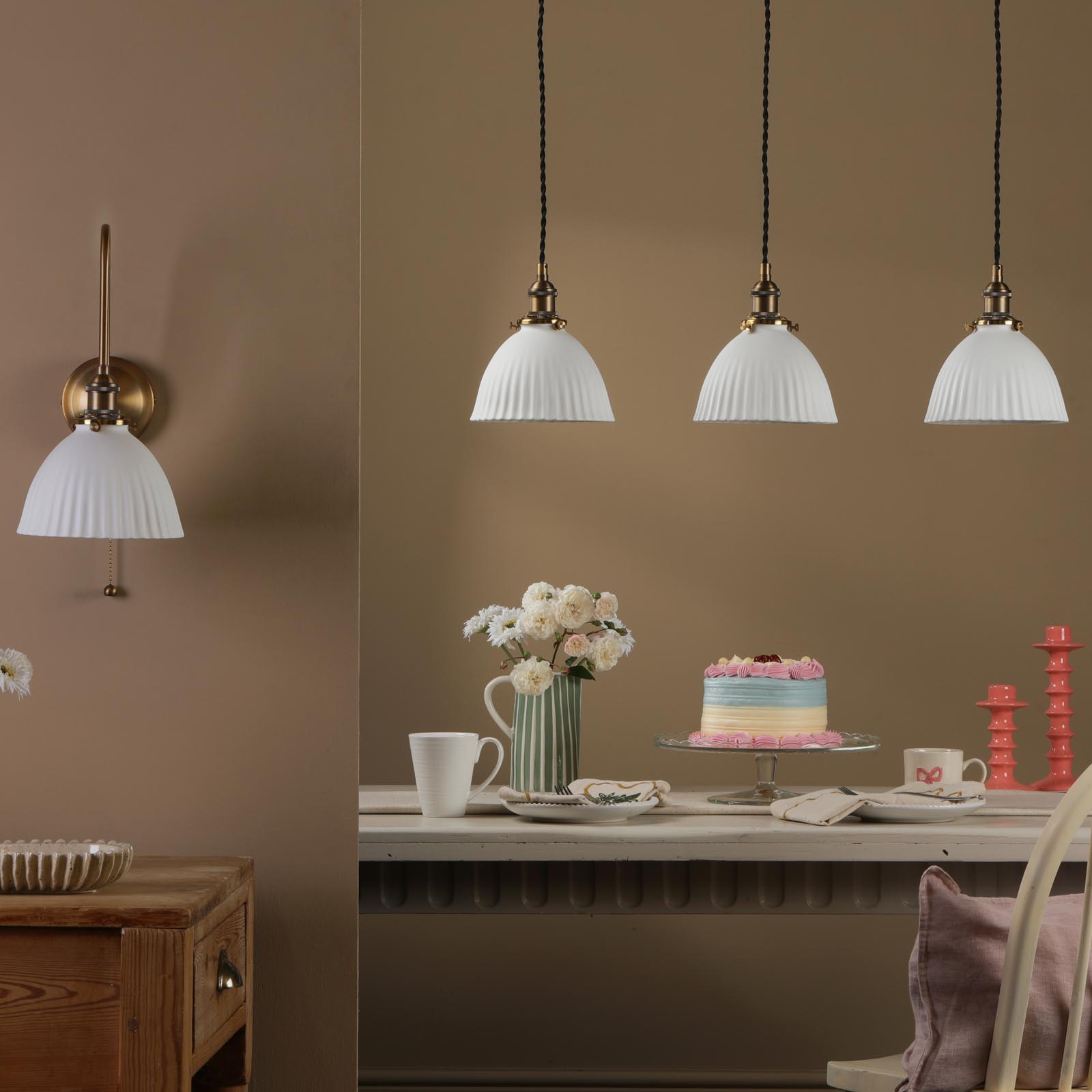 Hadano 3 Light Bar Pendant Antique Bronze with White Domed Ceramic Shades
