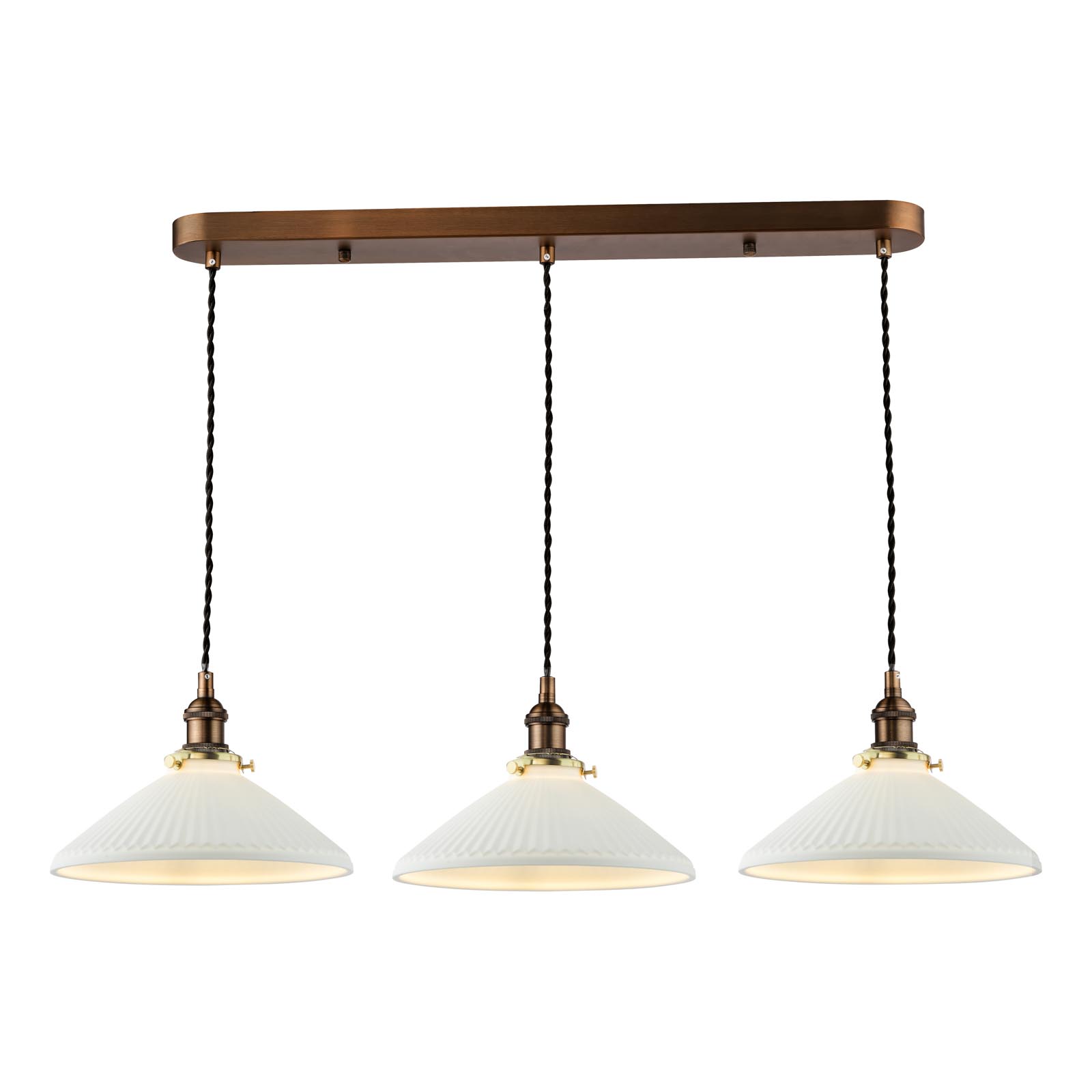 Hadano 3 Light Bar Pendant Antique Bronze with White Shallow Ceramic Shades