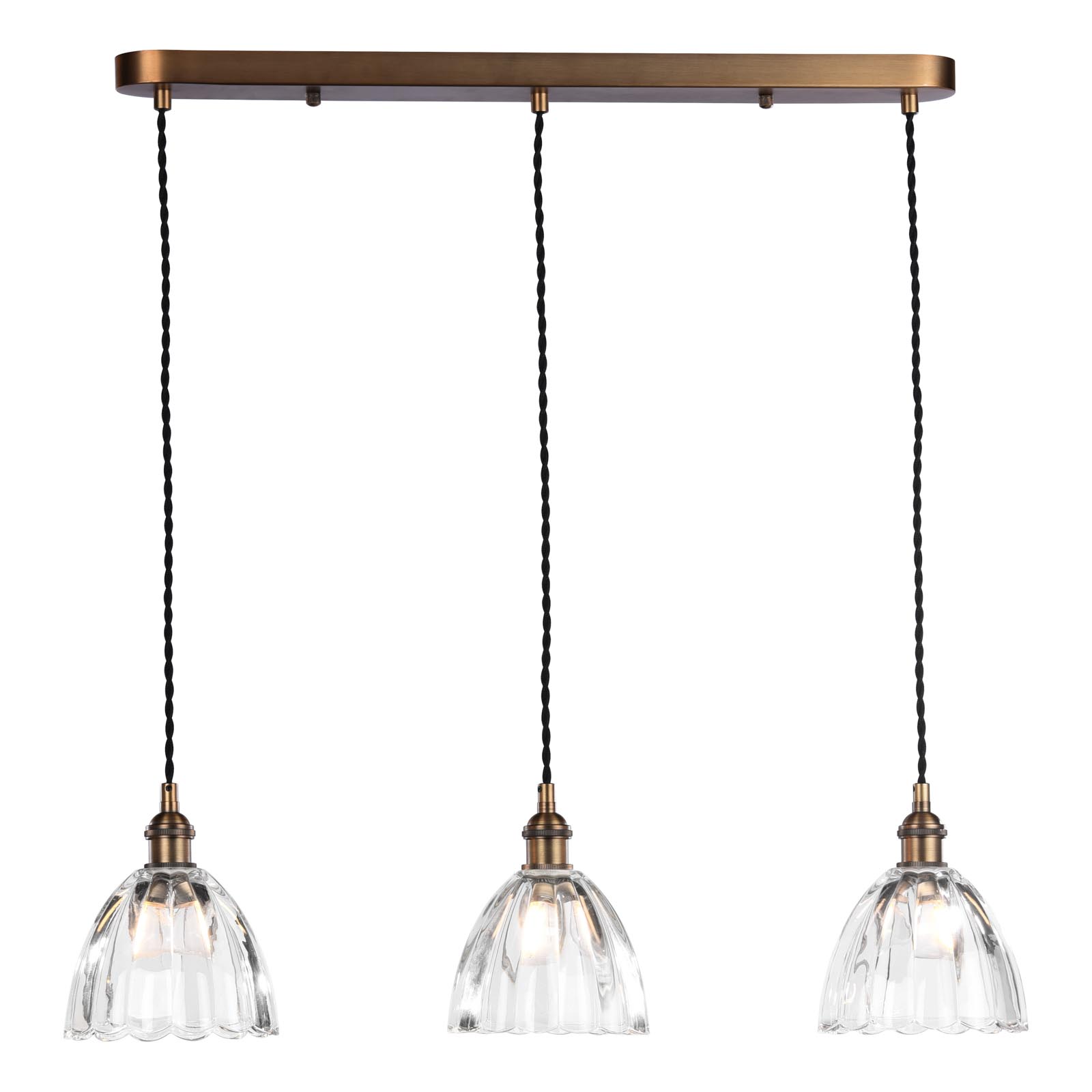 Hadano 3 Light Bar Pendant Antique Bronze with Scalloped Bell Glass Shades