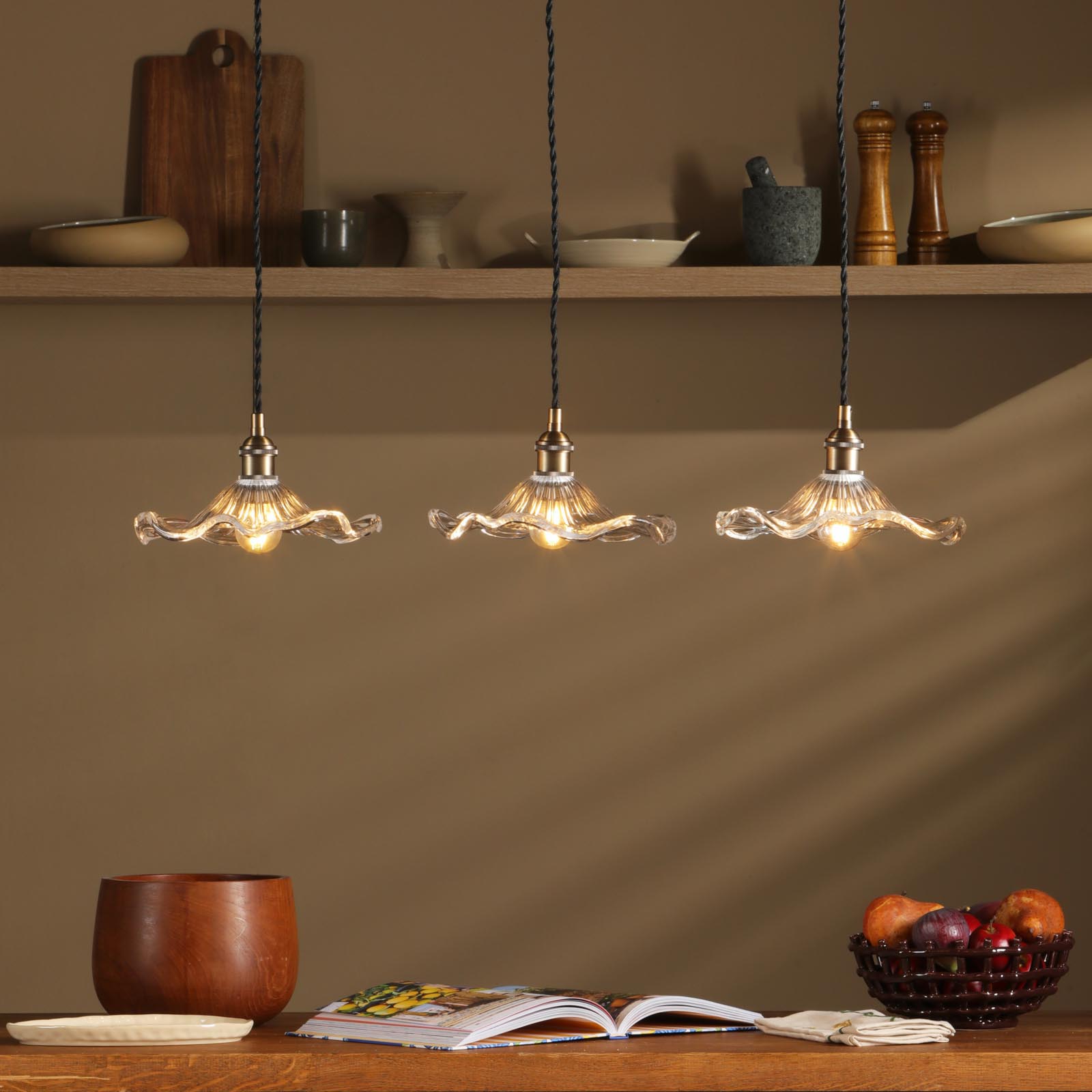 Hadano 3 Light Bar Pendant Antique Bronze with Wavy Glass Shades