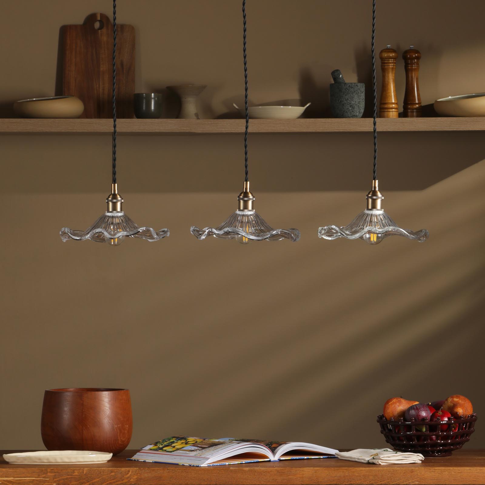 Hadano 3 Light Bar Pendant Antique Bronze with Wavy Glass Shades
