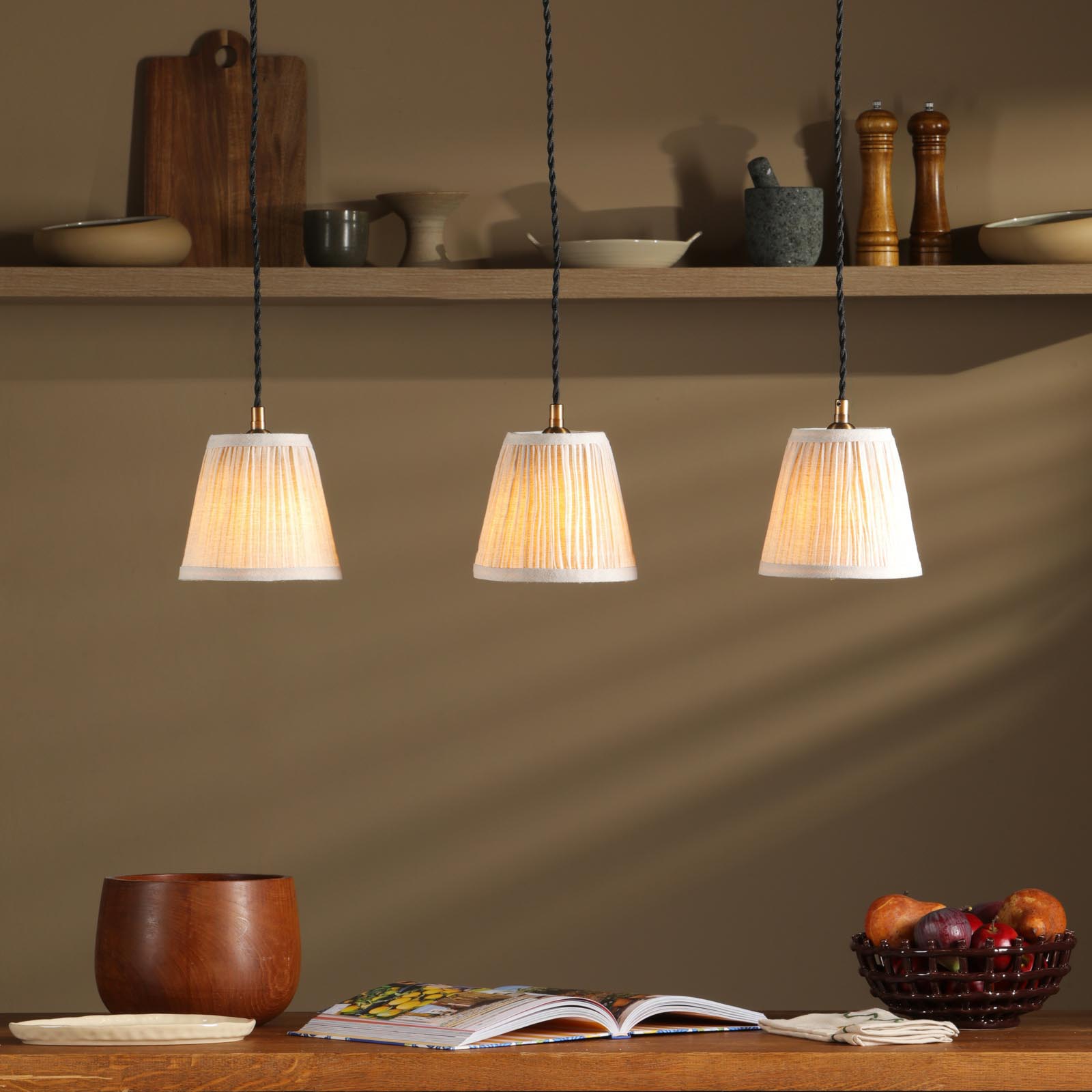 Hadano 3 Light Bar Pendant Antique Bronze with Natural Linen Pleated Shades