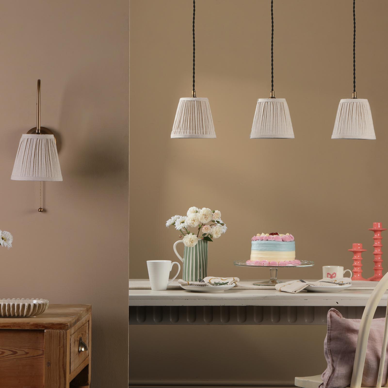 Hadano 3 Light Bar Pendant Antique Bronze with Natural Linen Pleated Shades