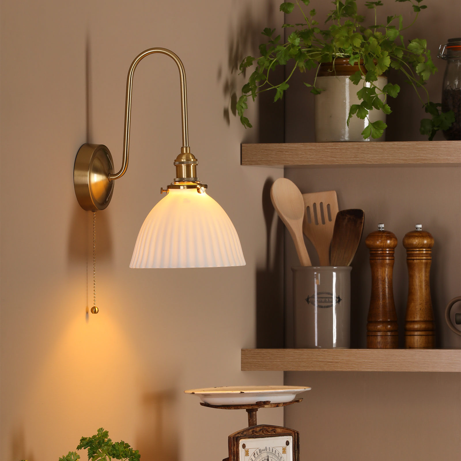 Hadano Wall Light Natural Brass and White Ceramic