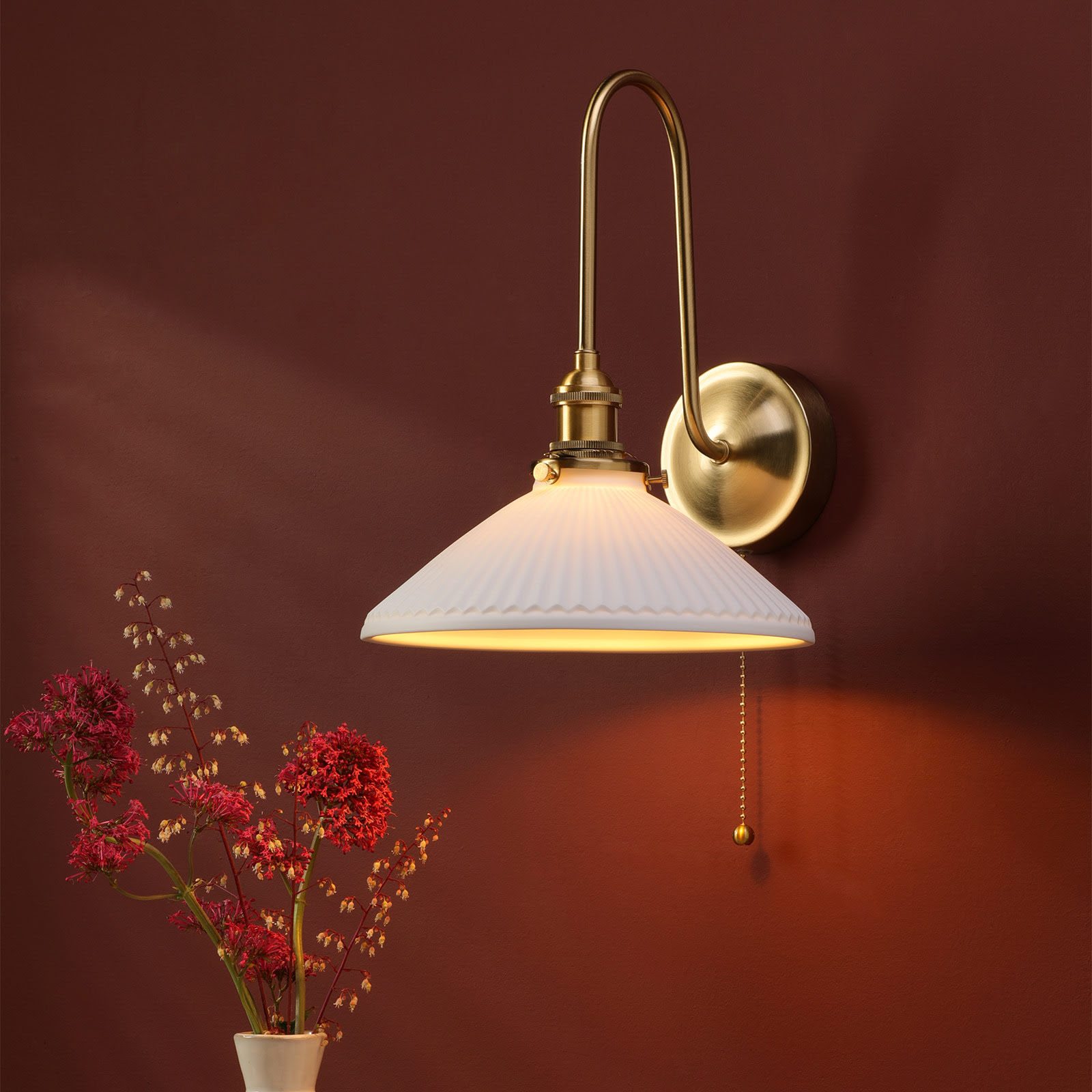 Hadano Wall Light Natural Brass and White Ceramic