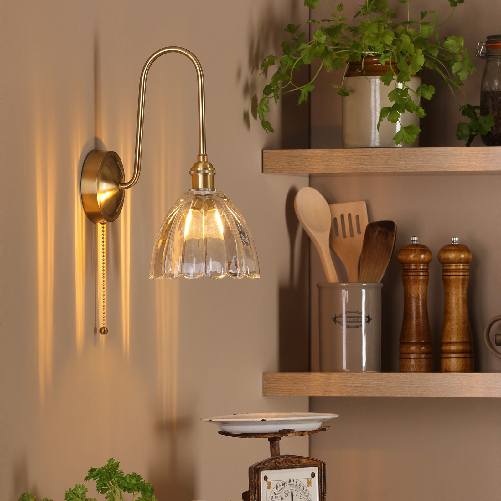Hadano Wall Light Natural Brass and Glass