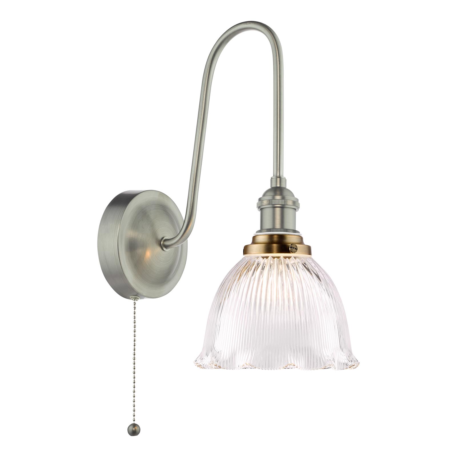 Hadano Tall Wall Light Antique Chrome with Domed Ribbed Glass Shade