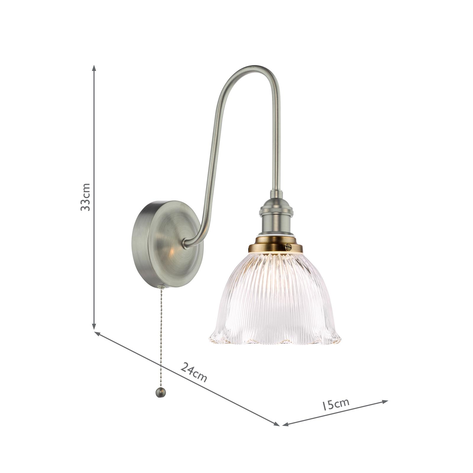 Hadano Tall Wall Light Antique Chrome with Domed Ribbed Glass Shade