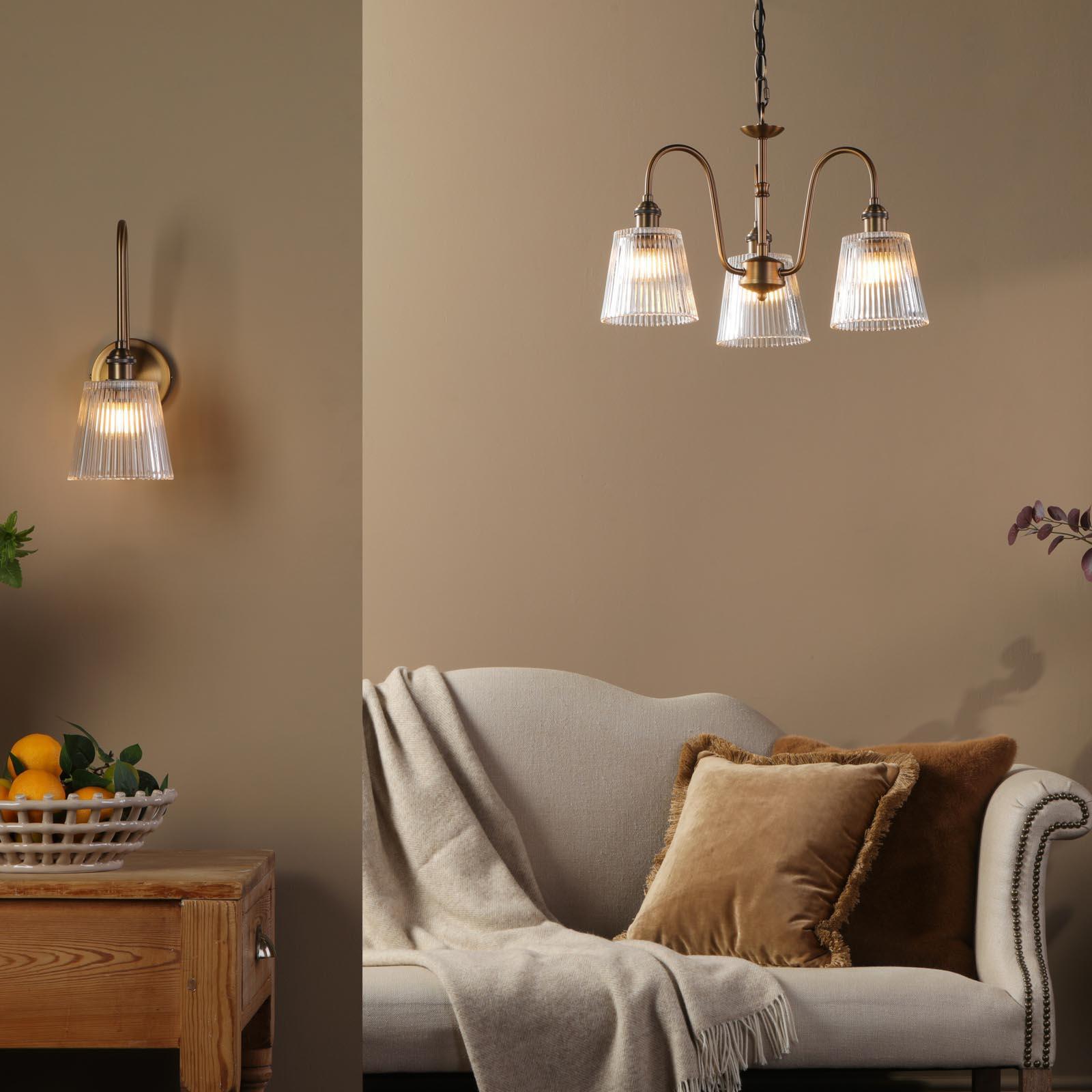 Hadano Tall Wall Light Antique Bronze with Clear Ribbed Glass Shade