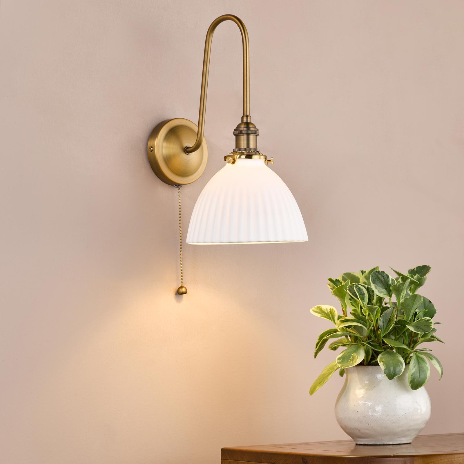 Hadano Tall Wall Light Antique Bronze with White Domed Ceramic Shade