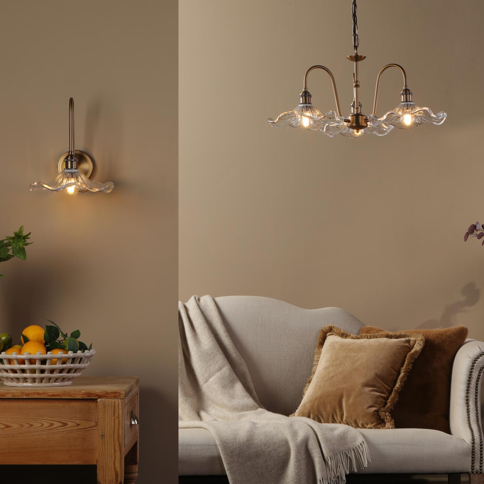 Hadano Tall Wall Light Antique Bronze with Wavy Glass Shade