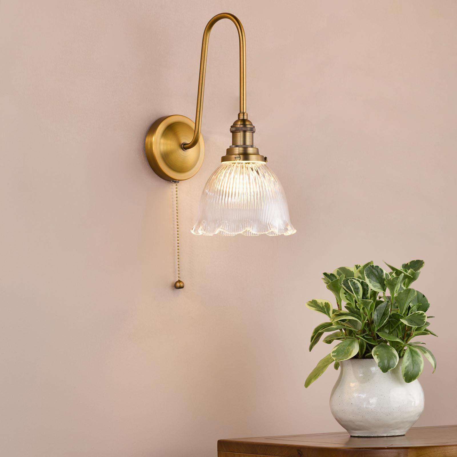 Hadano Tall Wall Light Antique Bronze with Domed Ribbed Glass Shade