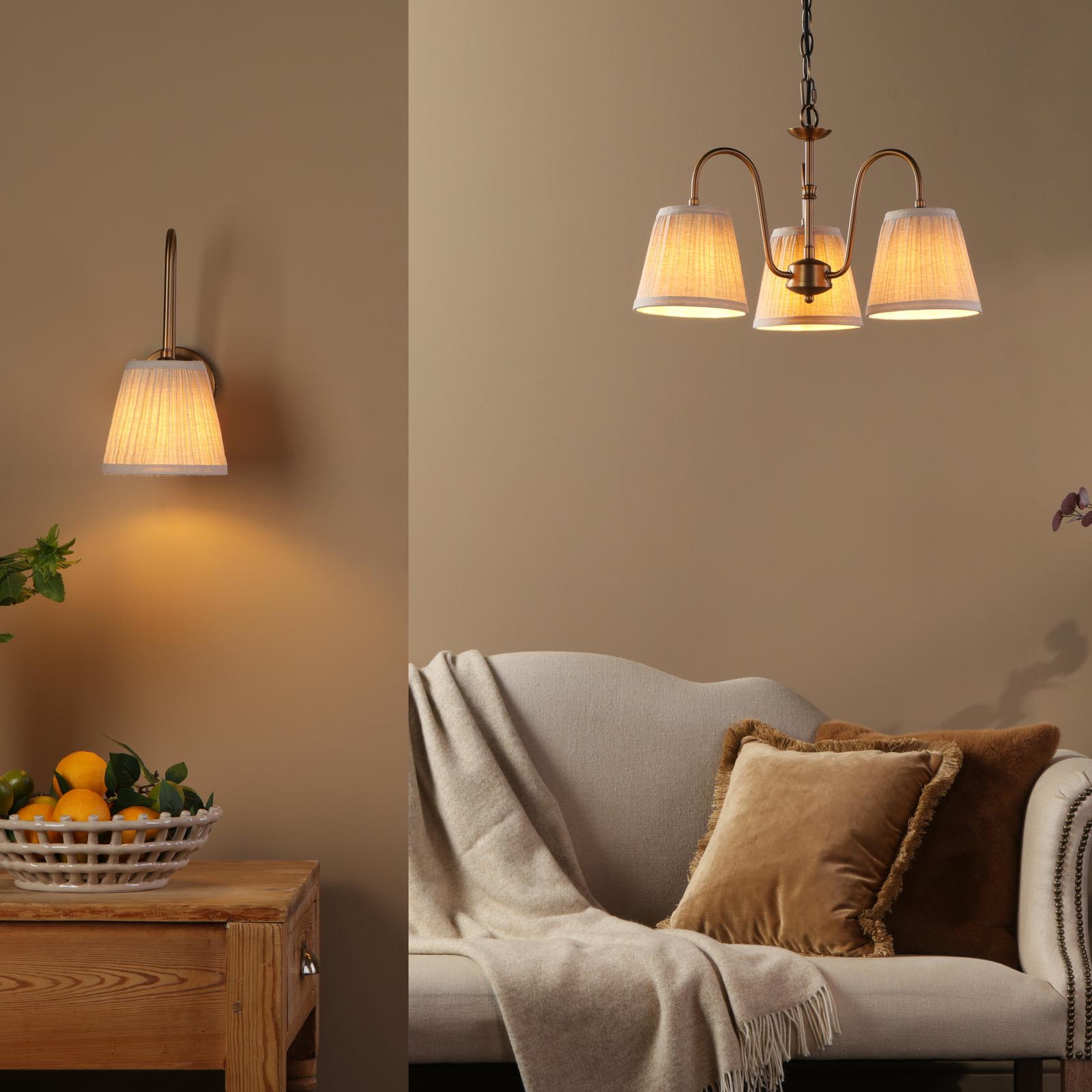 Hadano Wall Light Antique Bronze with Natural Linen Pleated Shade