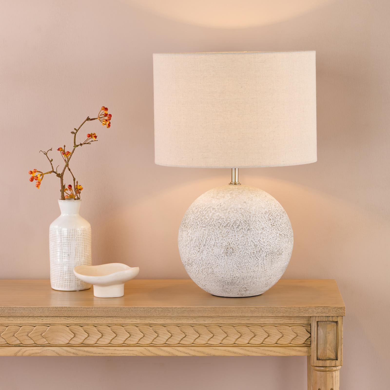 Havana Small Table Lamp Natural Ceramic and Satin Nickel With Linen Shade