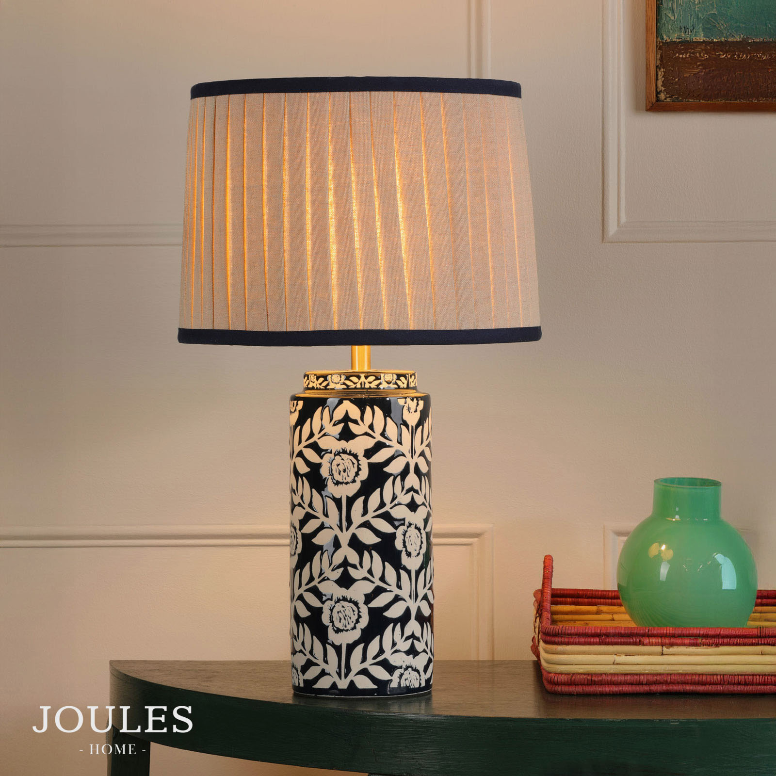Joules Highclere Table Lamp Blue Ceramic and Antique Brass With Shade