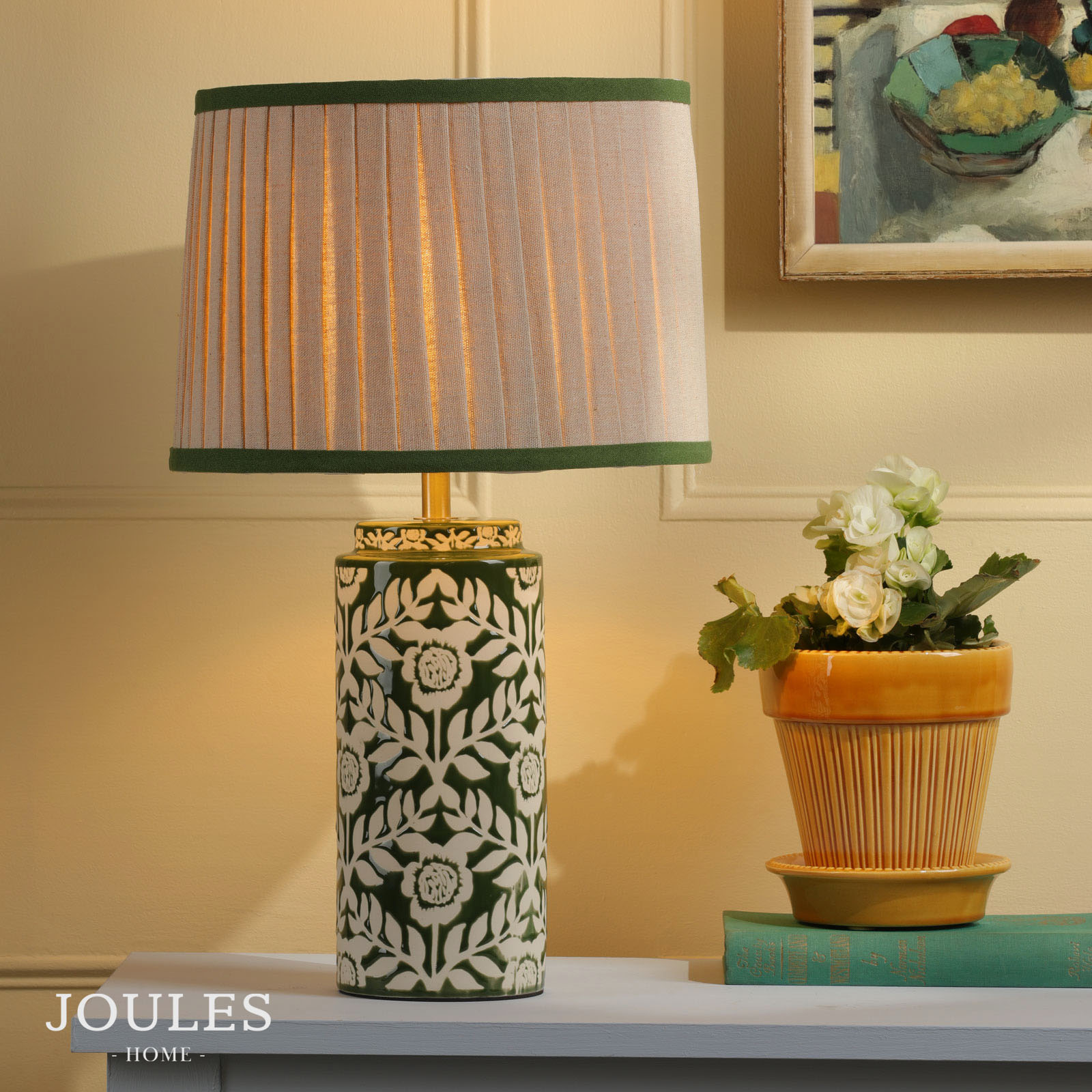 Joules Highclere Table Lamp Green Ceramic and Antique Brass With Shade