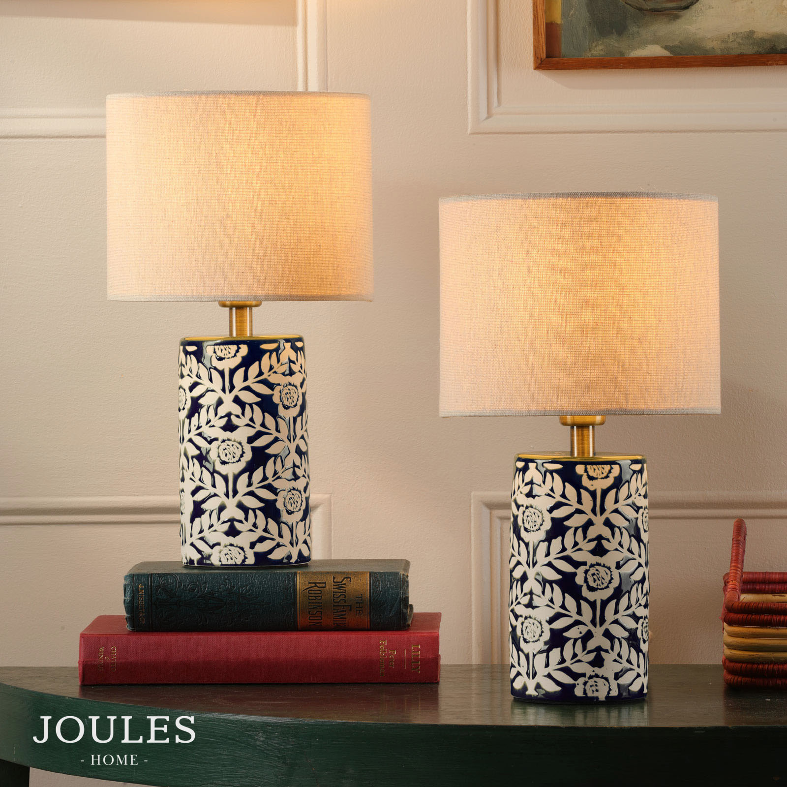 Joules Highclere Twin Pack Table Lamp Blue Ceramic With Shade