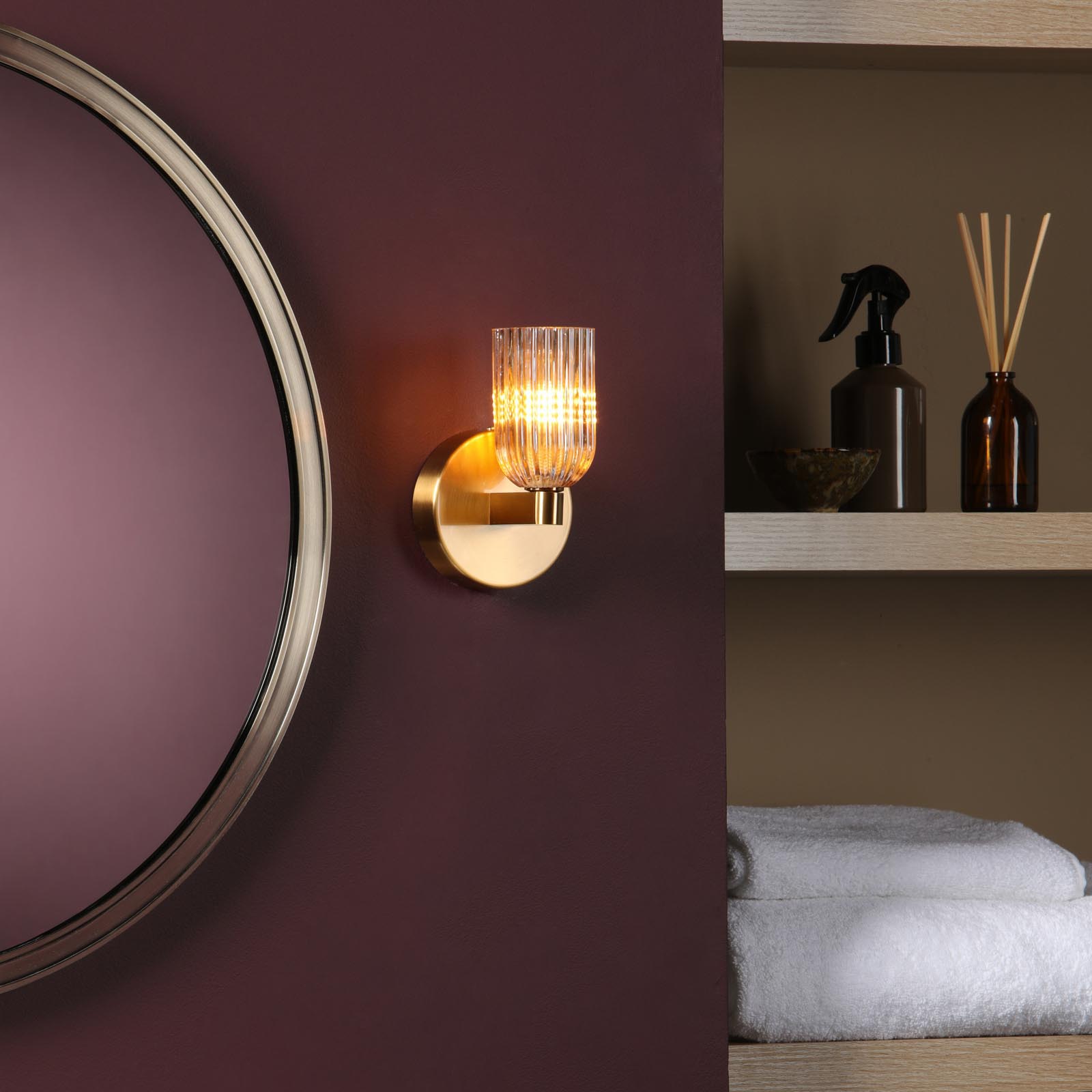 Hilaria Bathroom Wall Light Antique Gold and Amber Ribbed Glass IP44