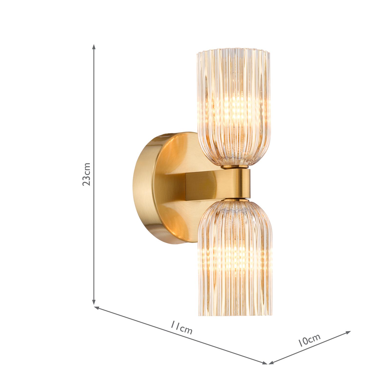 Hilaria 2 Light Bathroom Wall Light Antique Gold and Amber Ribbed Glass IP44