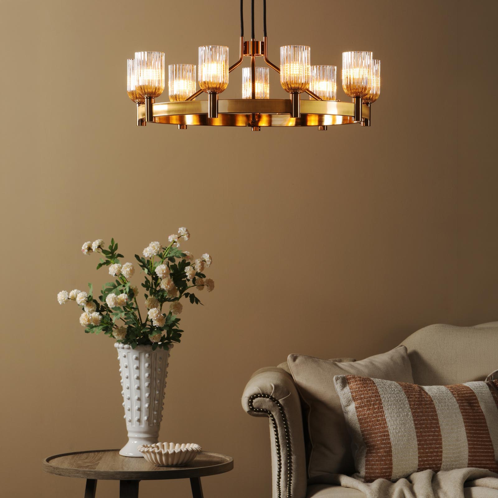 Hilaria 9 Light Pendant Antique Gold and Amber Ribbed Glass