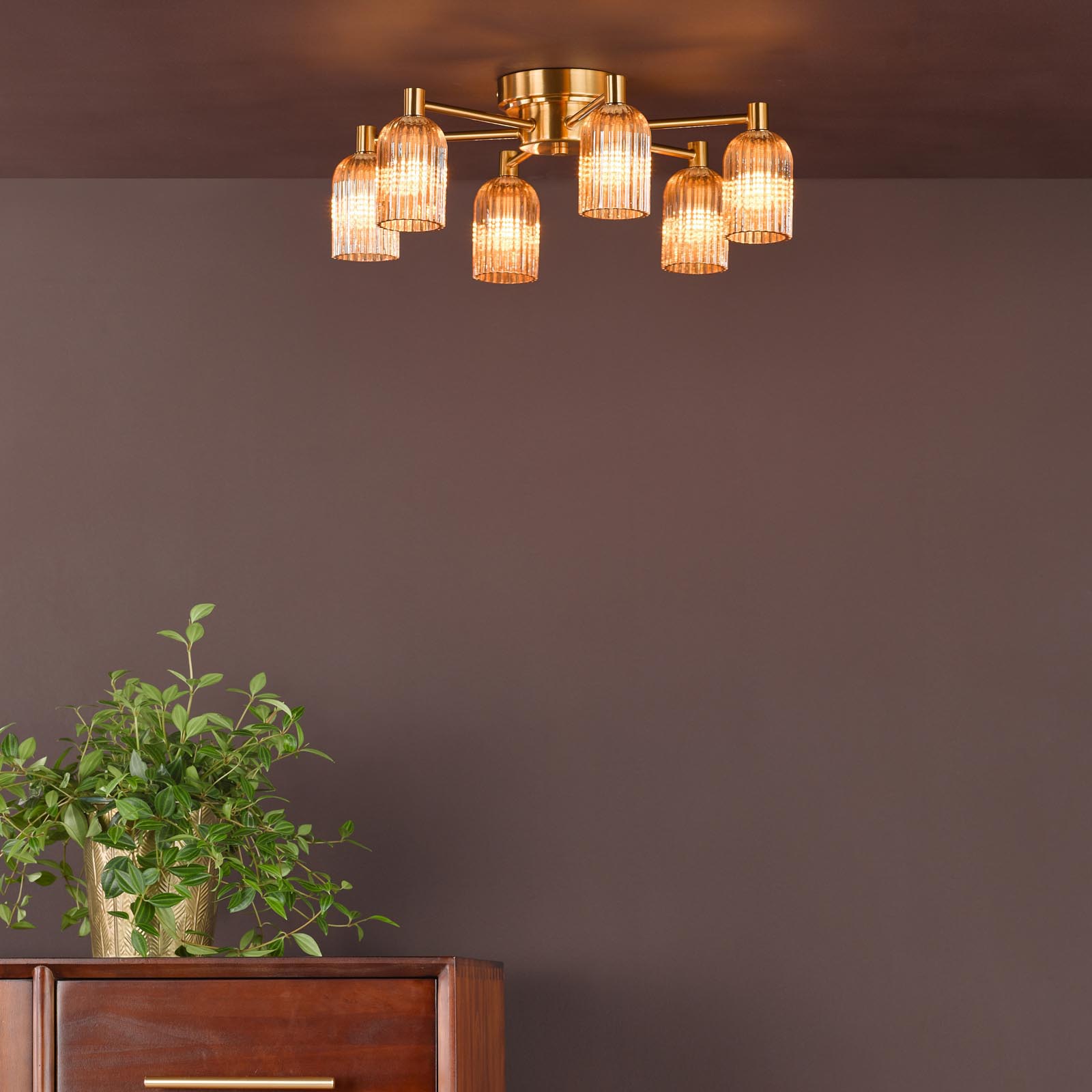 Hilaria 6 Light Flush Antique Gold and Amber Ribbed Glass