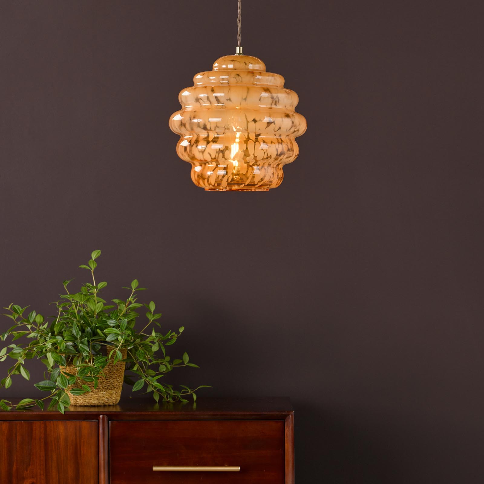 Hive Pendant Antique Brass and Orange Art Glass