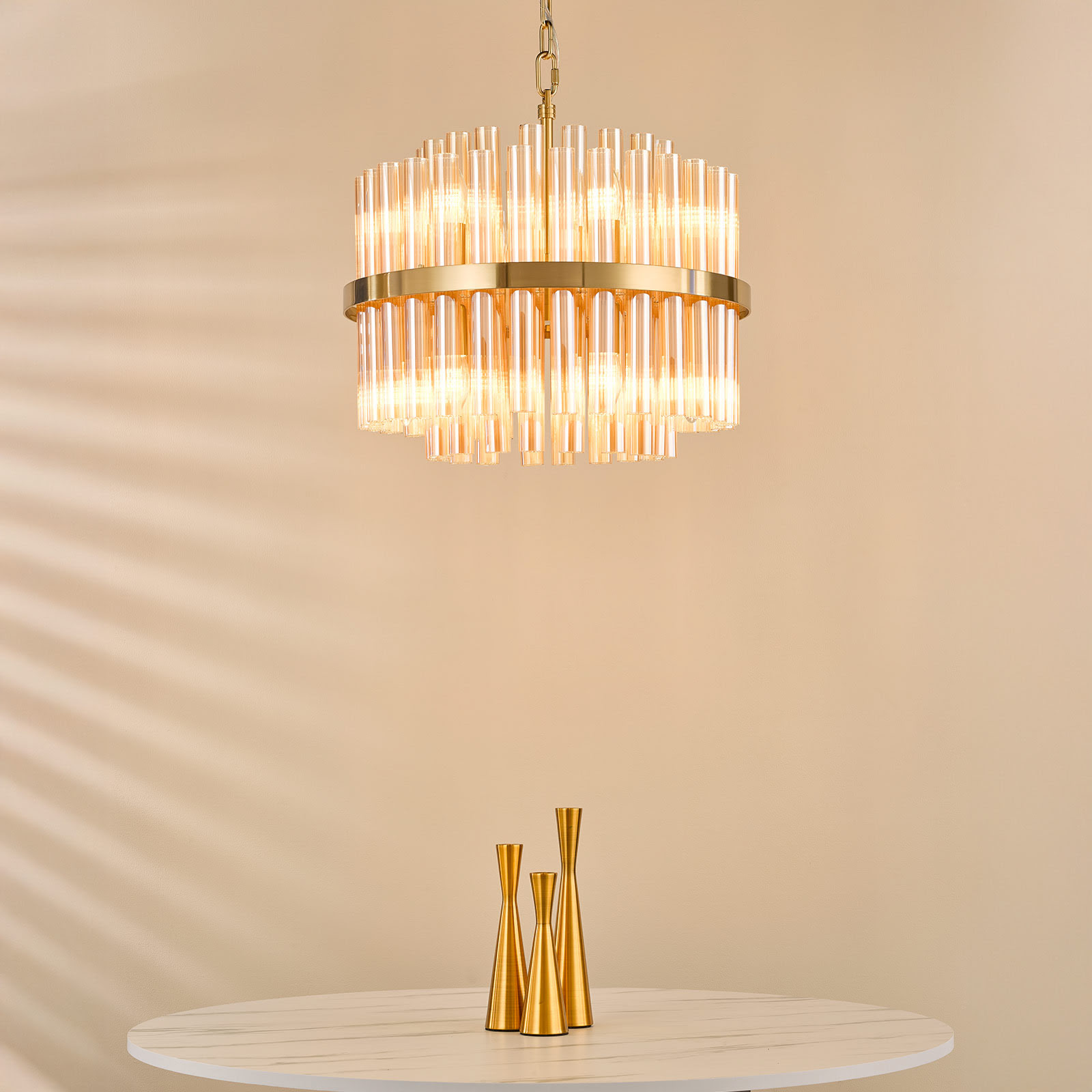 Imani 12 Light Pendant Natural Brass and Champagne Ribbed Glass