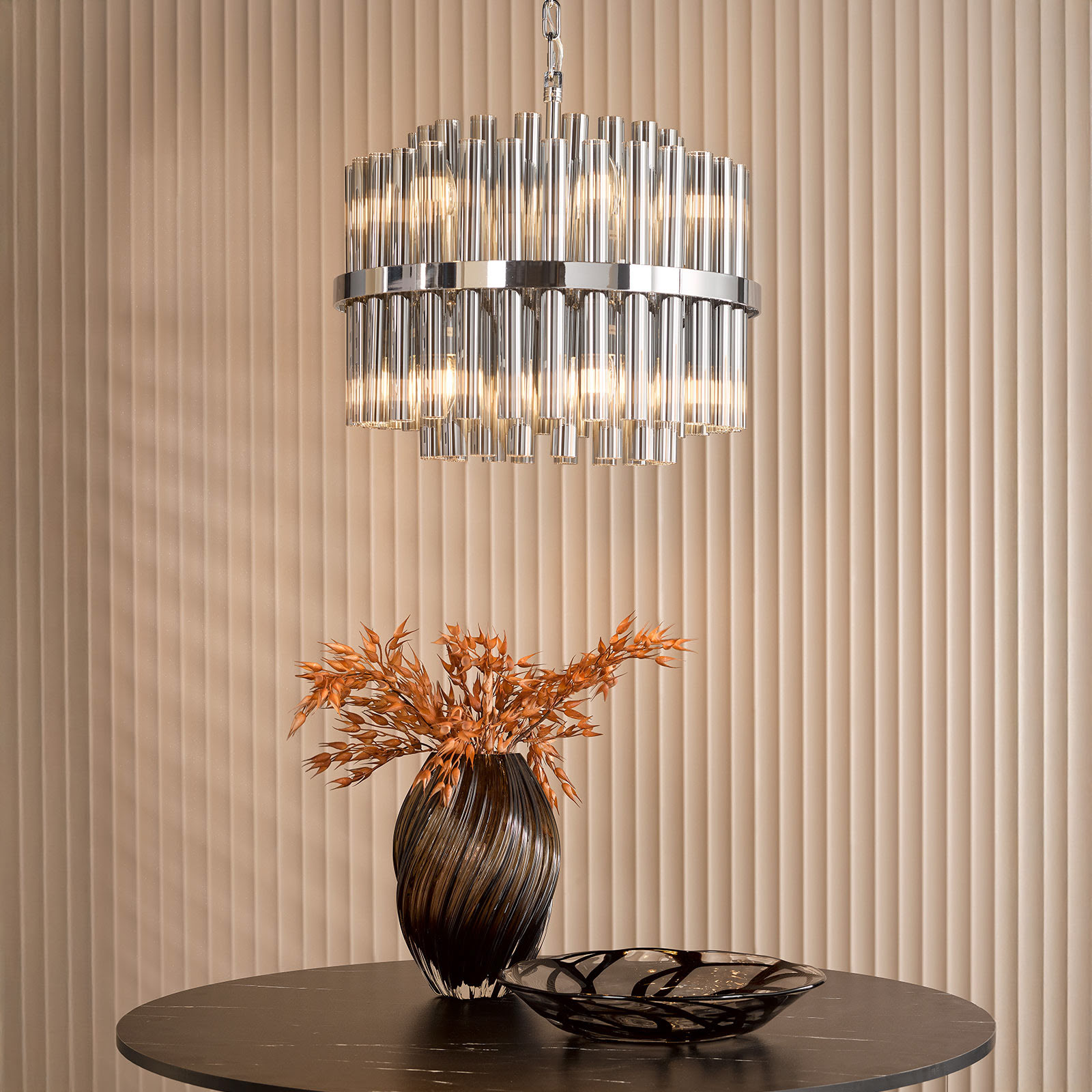 Imani 12 Light Pendant Polished Chrome and Smoked Ribbed Glass