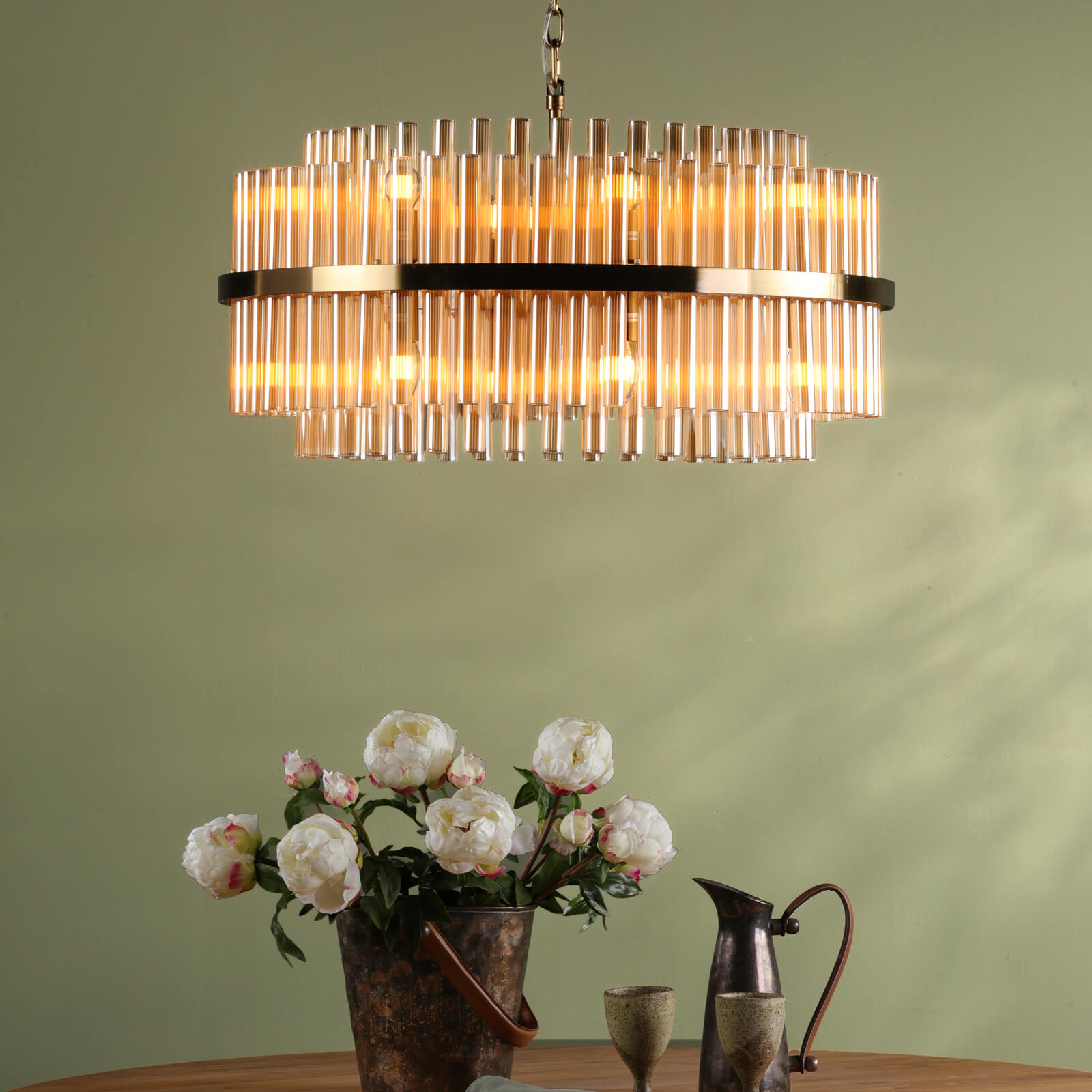 Imani 16 Light Pendant Natural Brass and Champagne Ribbed Glass