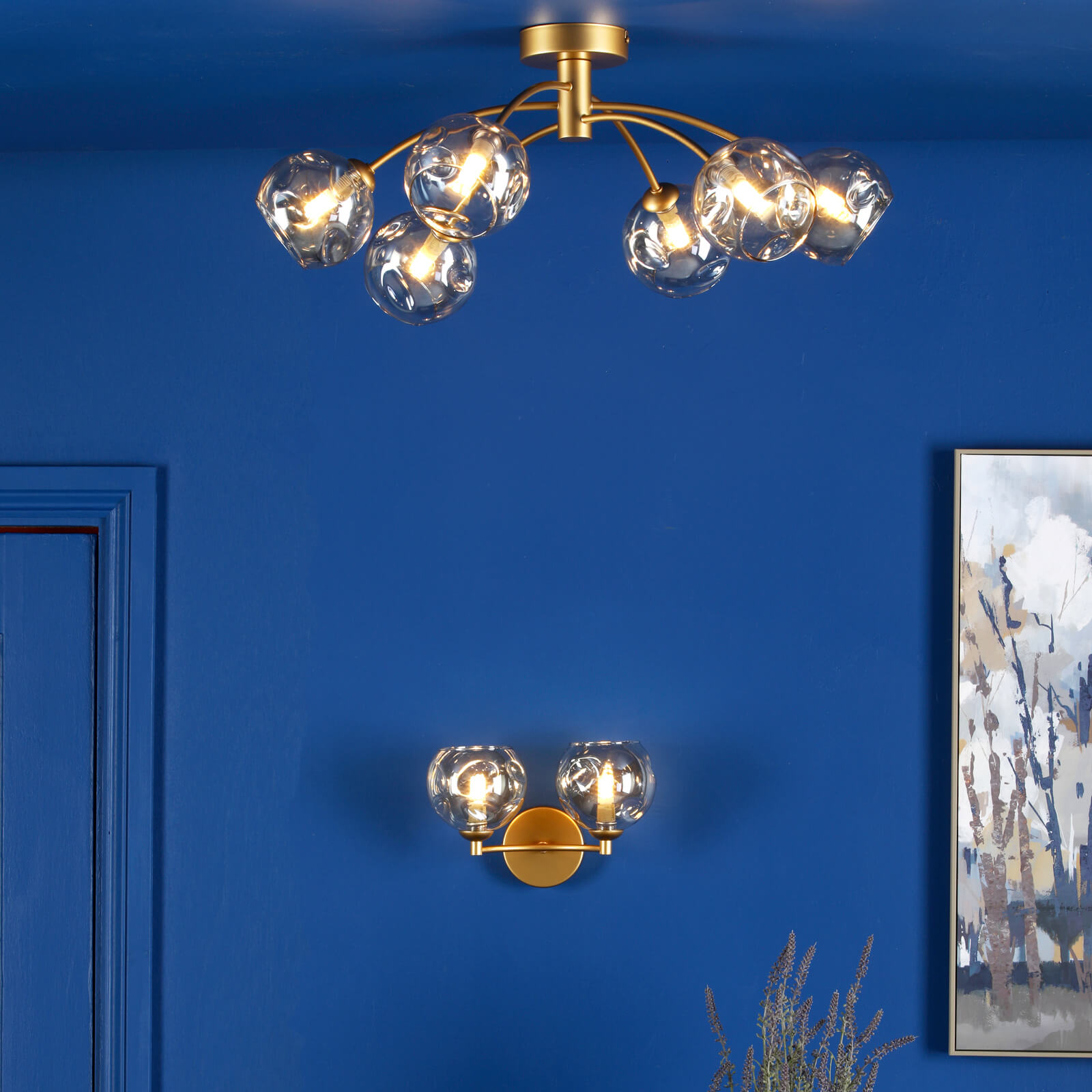 Izzy 2 Light Wall Light Matt Gold With Organic Amber Glass