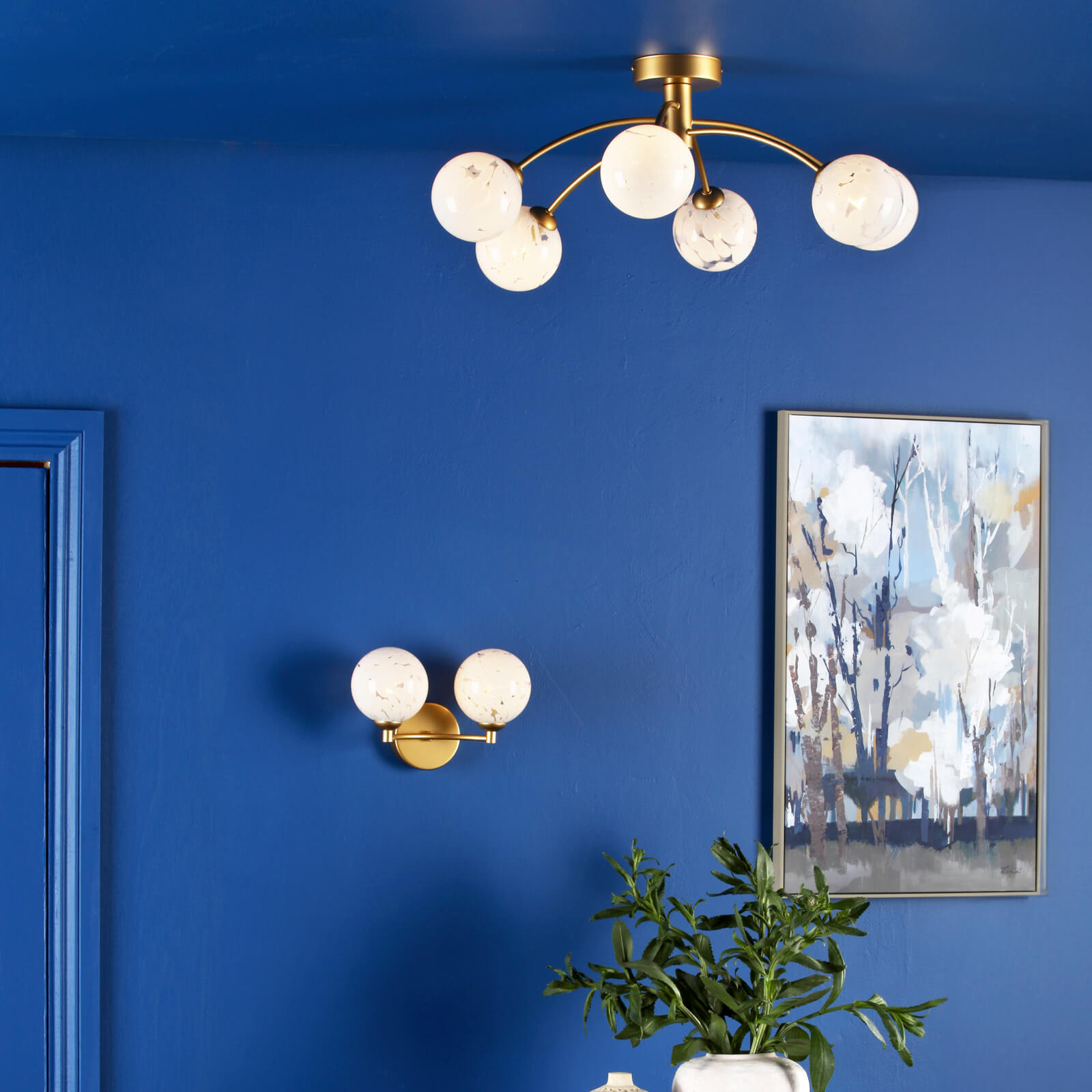 Izzy 2 Light Wall Light Matt Gold With White Confetti Glass