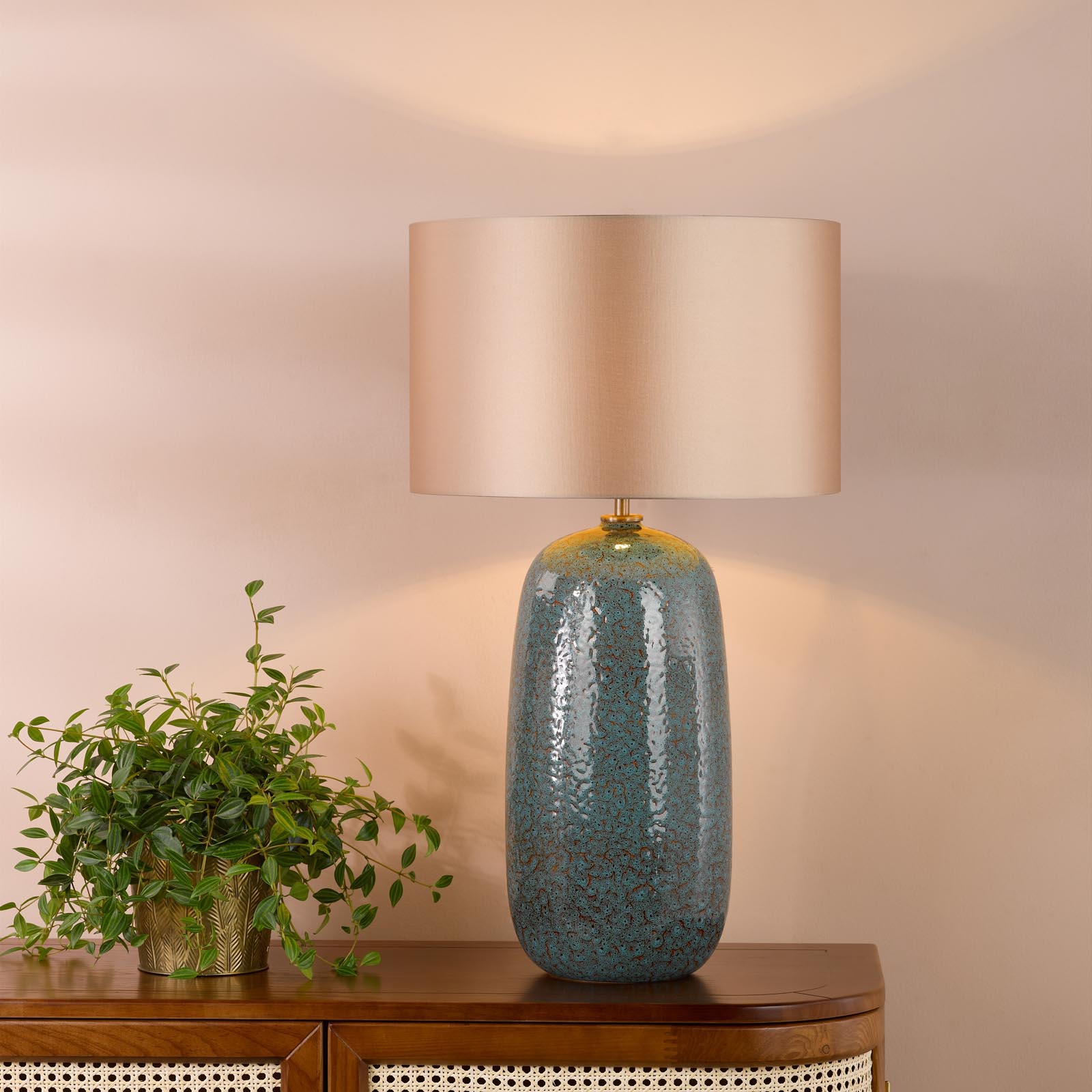 Jadis Table Lamp Blue Ceramic With Taupe Drum Shade