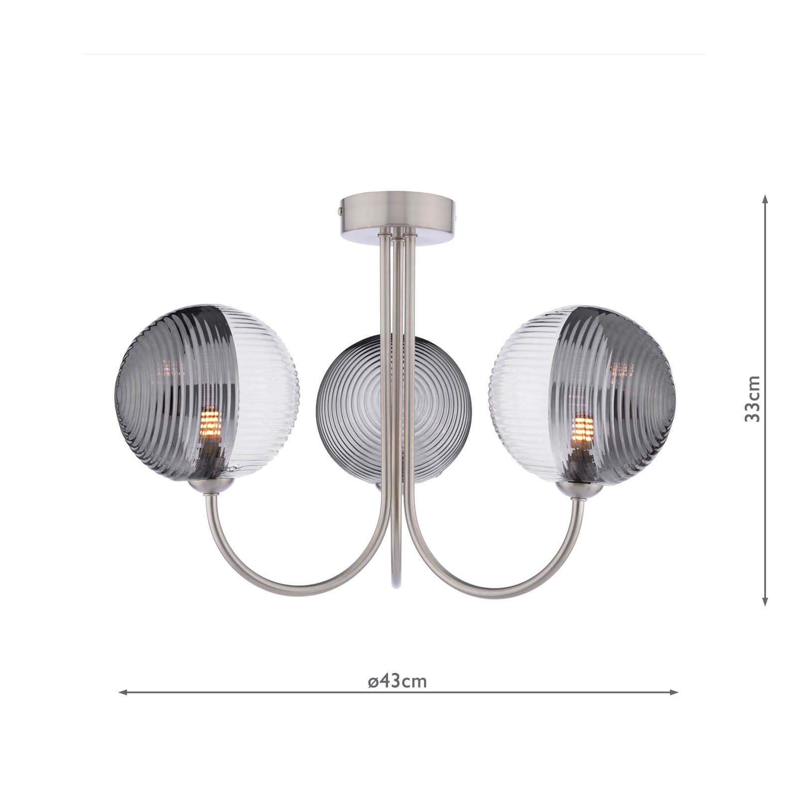 Jared 3 Light Semi-Flush Satin Nickel With Smoked/Clear Ribbed Glass