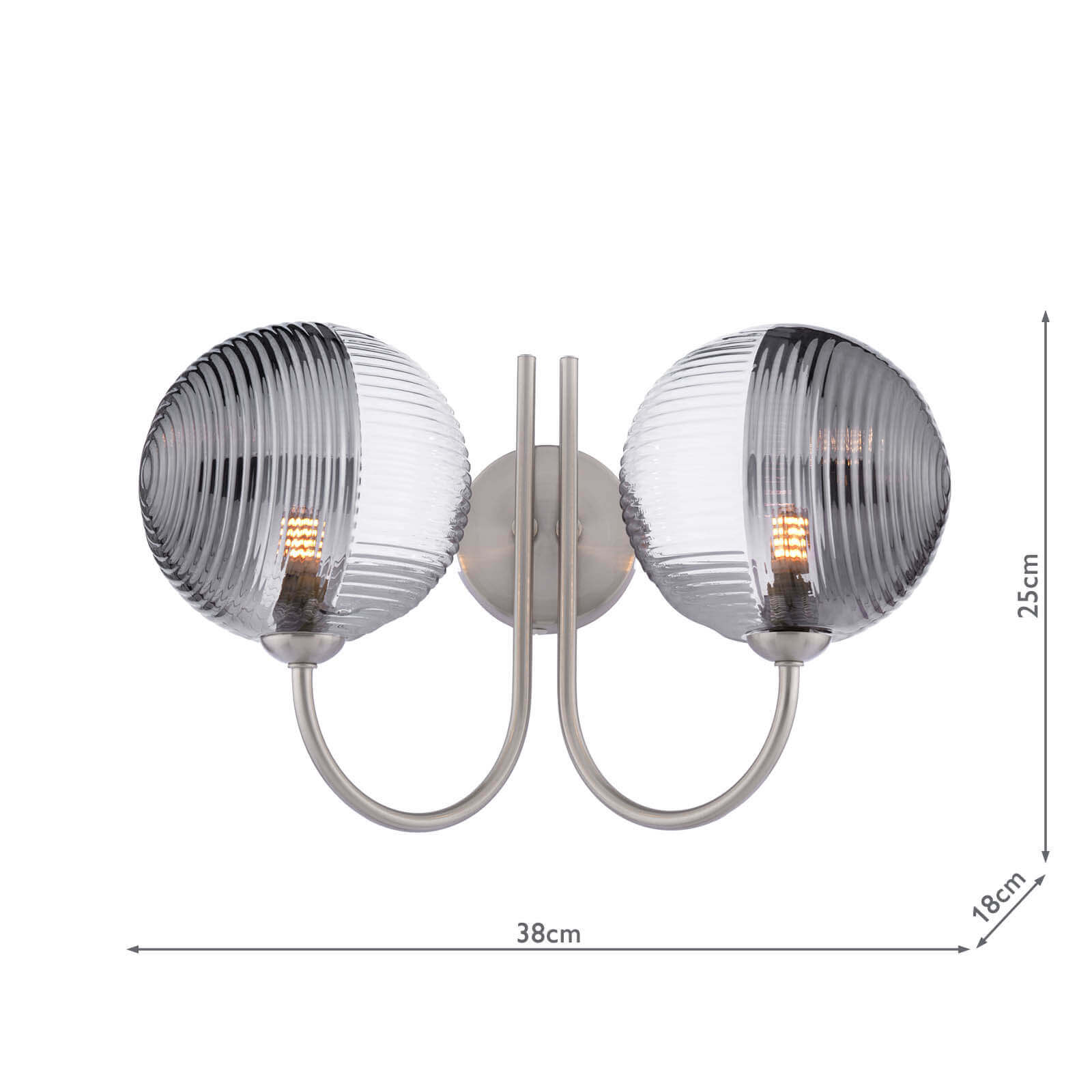 Jared 2 Light Wall Light Satin Nickel With Smoked/Clear Ribbed Glass