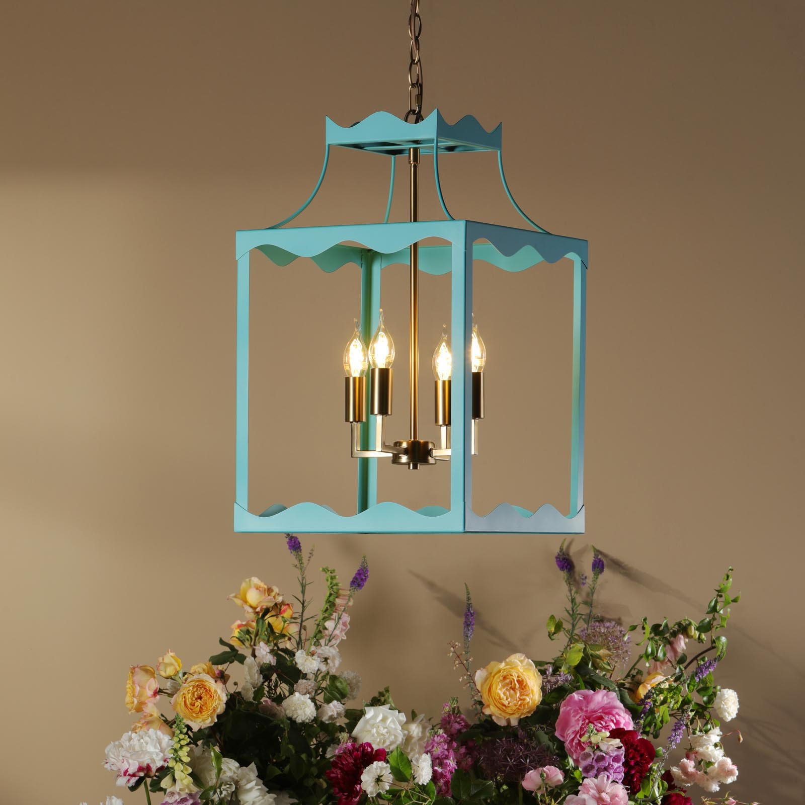 Jinele 4 Light Lantern Satin Eau De Nil Blue and Natural Brass